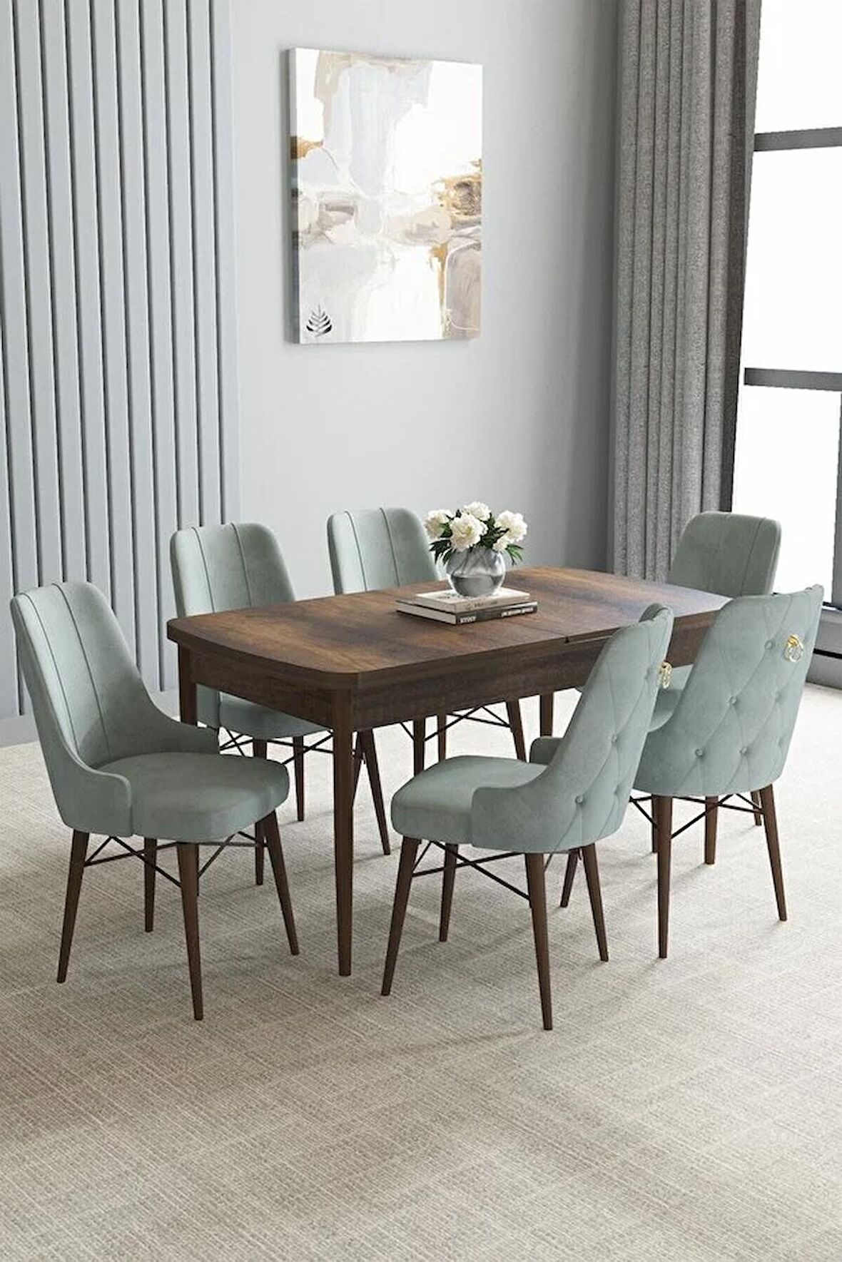 Loft Barok Desen 80x132 Açılabilir Mdf Yemek Odası Takımı 6 Adet Sandalye