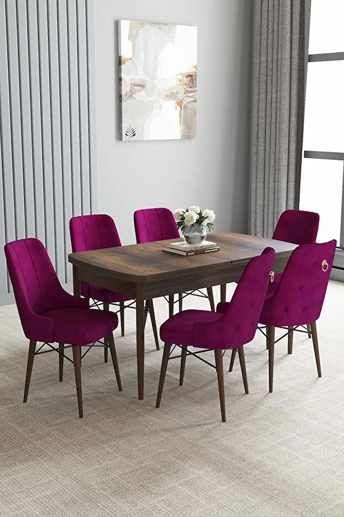 Loft Barok Desen 80x132 Açılabilir Mdf Yemek Odası Takımı 6 Adet Sandalye