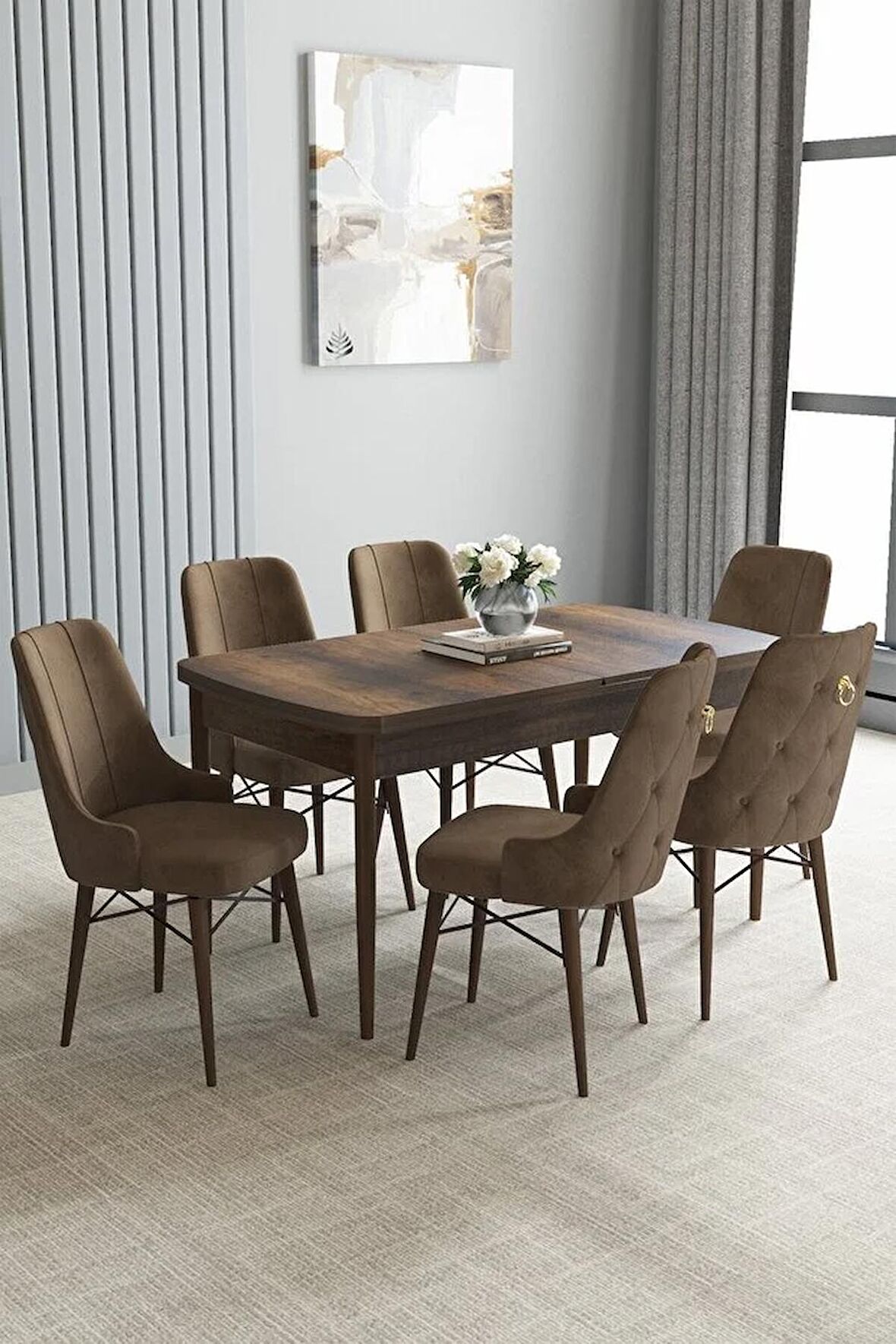 Loft Barok Desen 80x132 Açılabilir Mdf Yemek Odası Takımı 6 Adet Sandalye