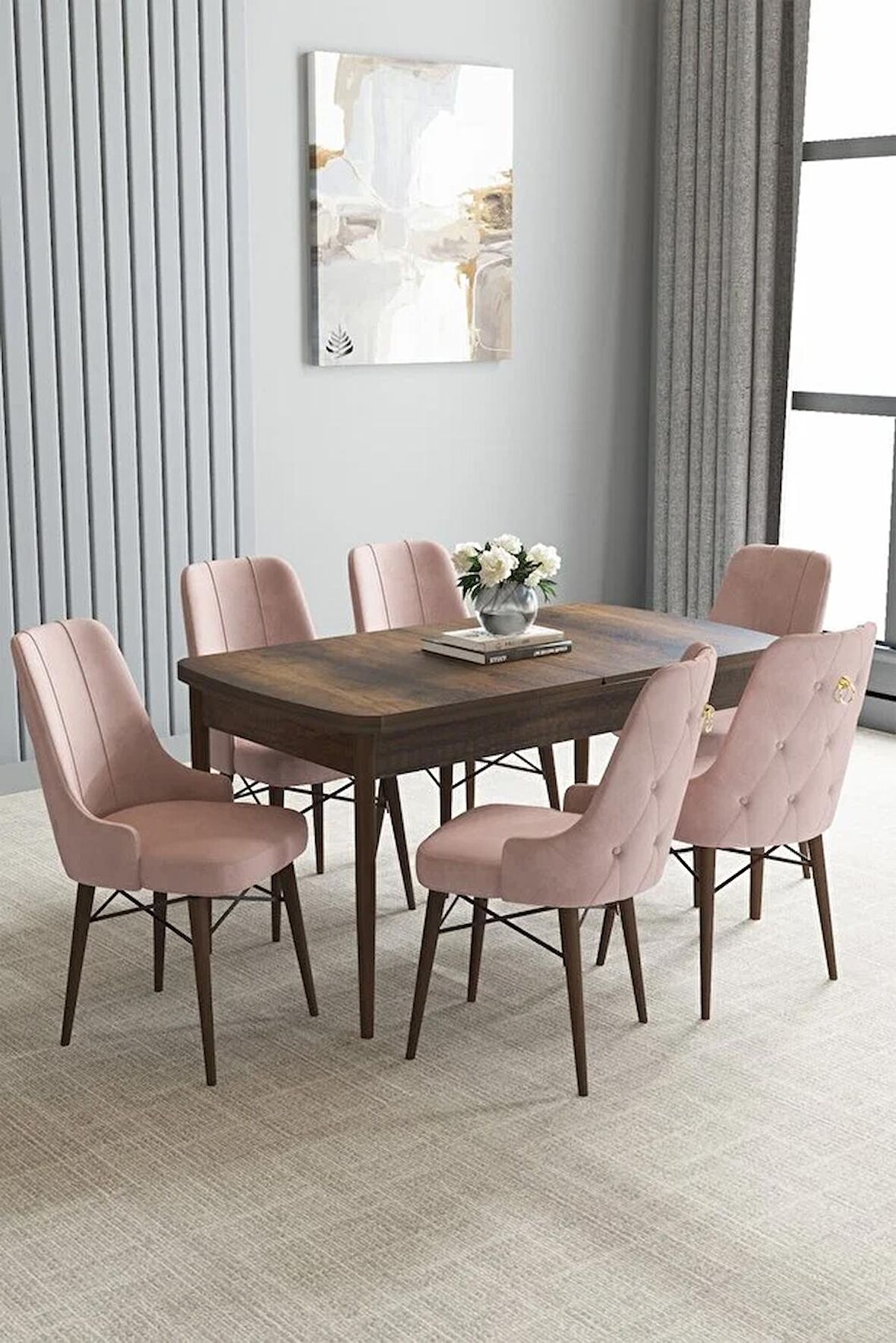 Loft Barok Desen 80x132 Açılabilir Mdf Yemek Odası Takımı 6 Adet Sandalye