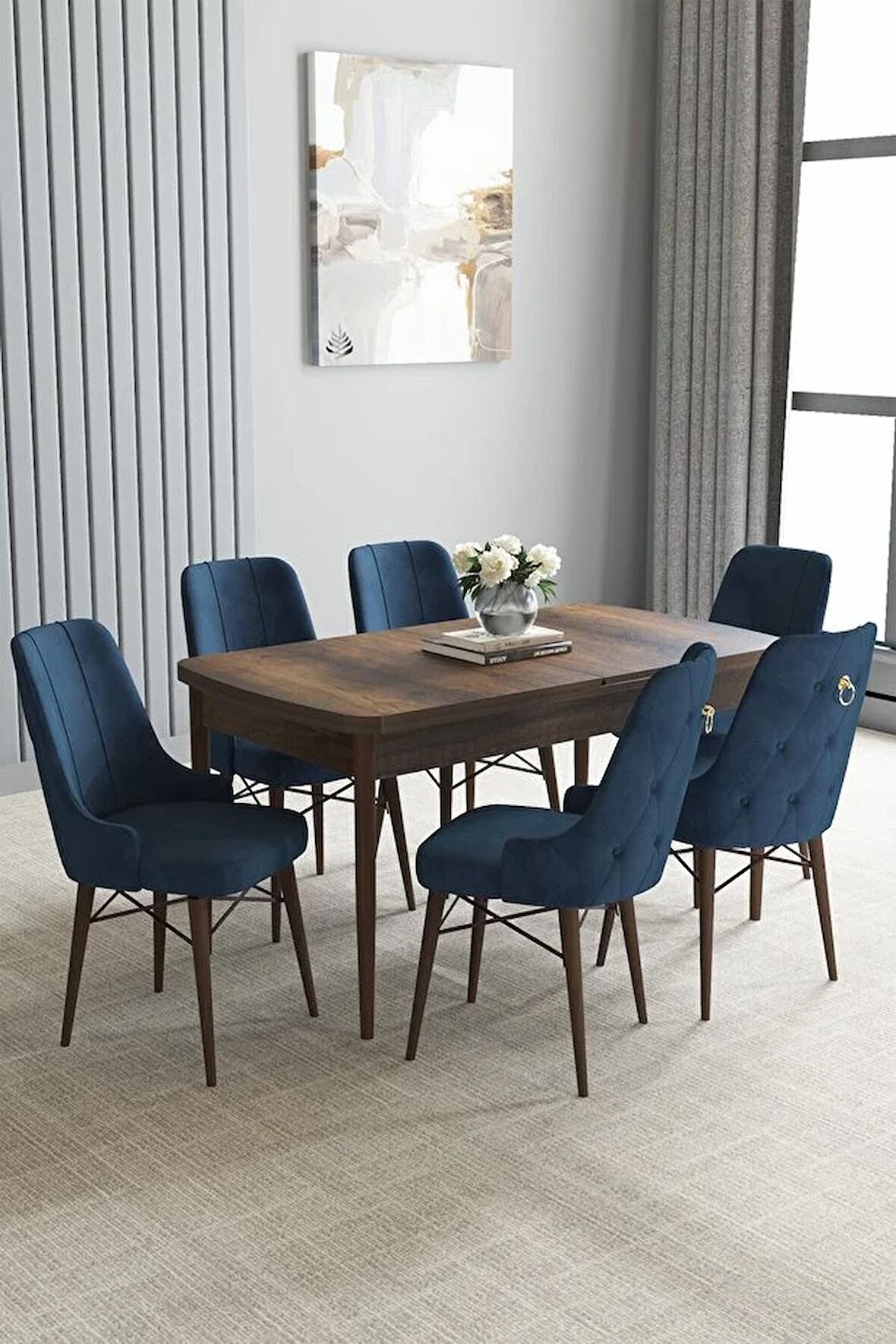 Loft Barok Desen 80x132 Açılabilir Mdf Yemek Odası Takımı 6 Adet Sandalye