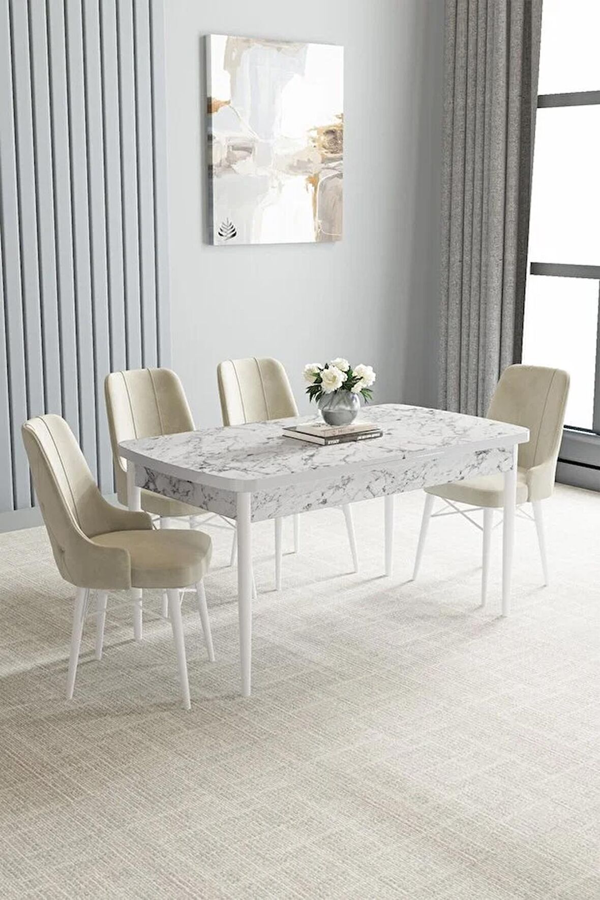 Loft Beyaz Mermer Desen 80x132 Açılabilir Mdf Yemek Odası Takımı 4 Adet Sandalye