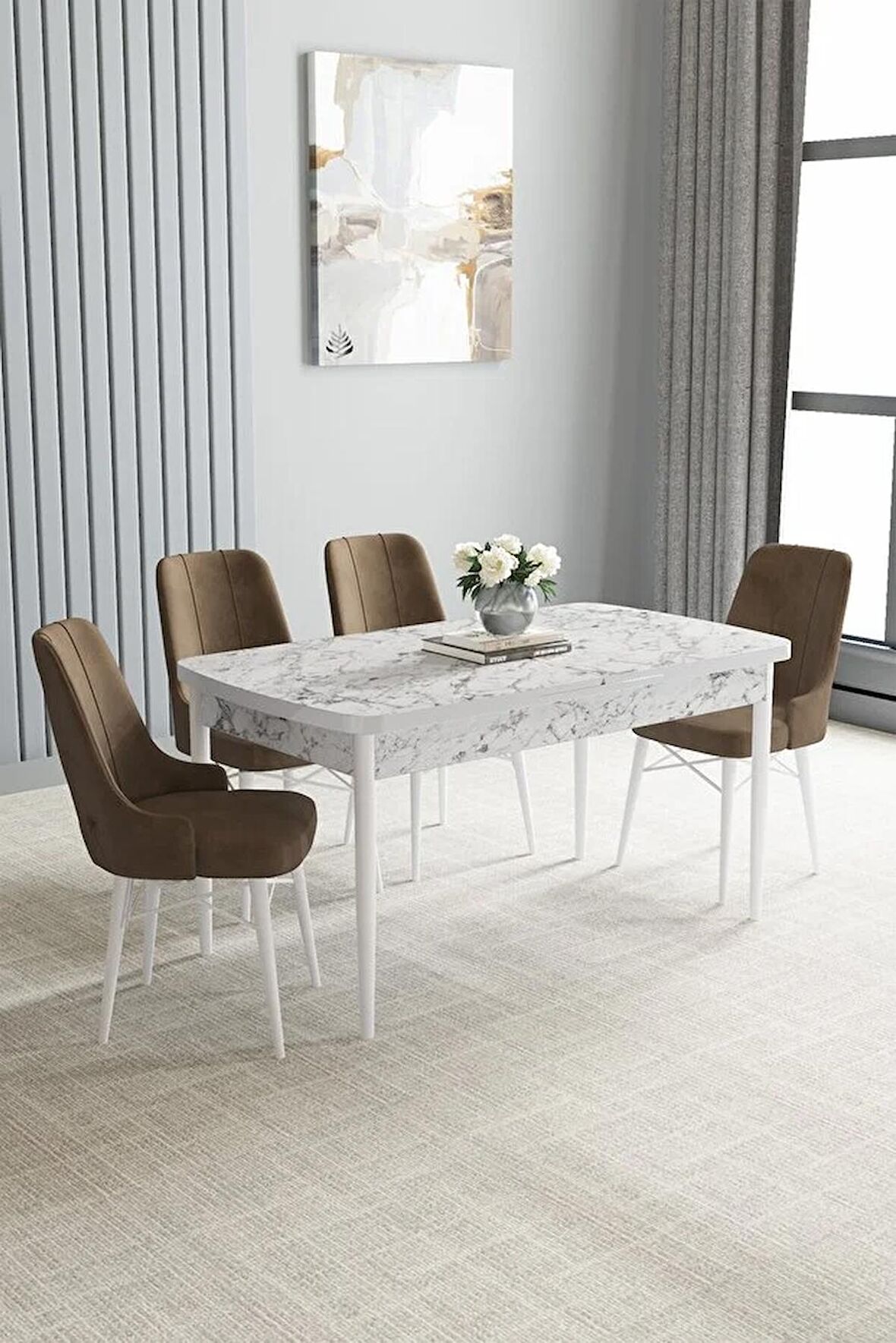 Loft Beyaz Mermer Desen 80x132 Açılabilir Mdf Yemek Odası Takımı 4 Adet Sandalye