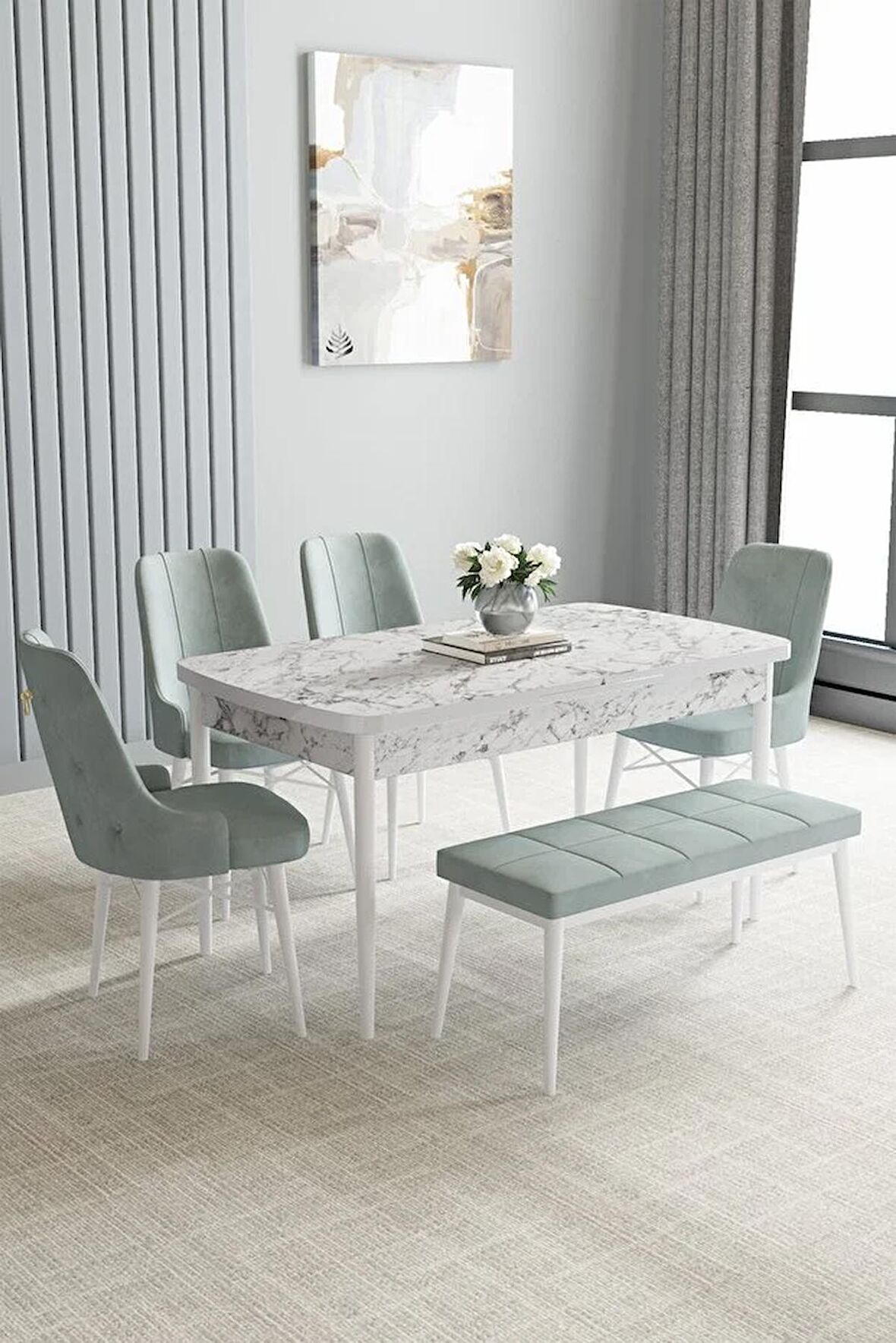Loft Beyaz Mermer Desen 80x132 Açılabilir Mdf Yemek Odası Takımı 4 Sandalye, 1 Bench