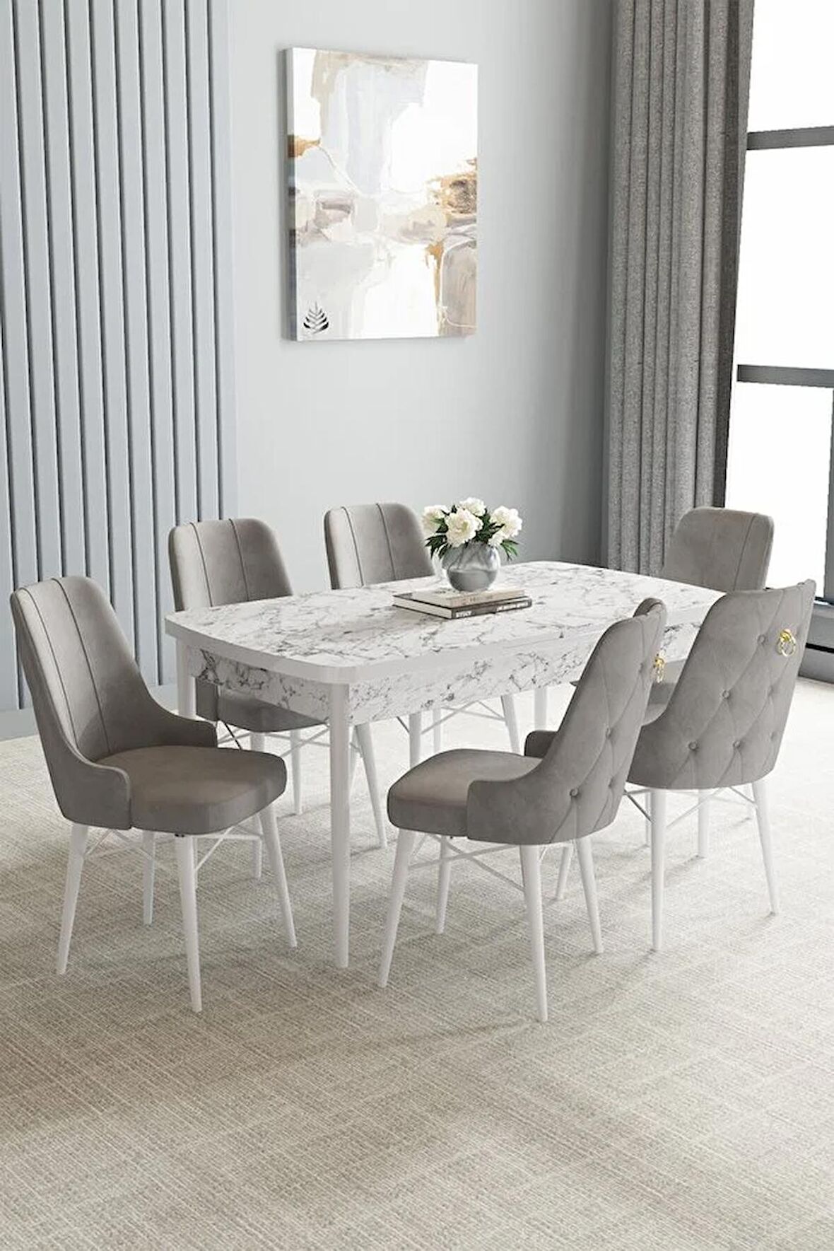 Loft Beyaz Mermer Desen 80x132 Açılabilir Mdf Yemek Odası Takımı 6 Adet Sandalye