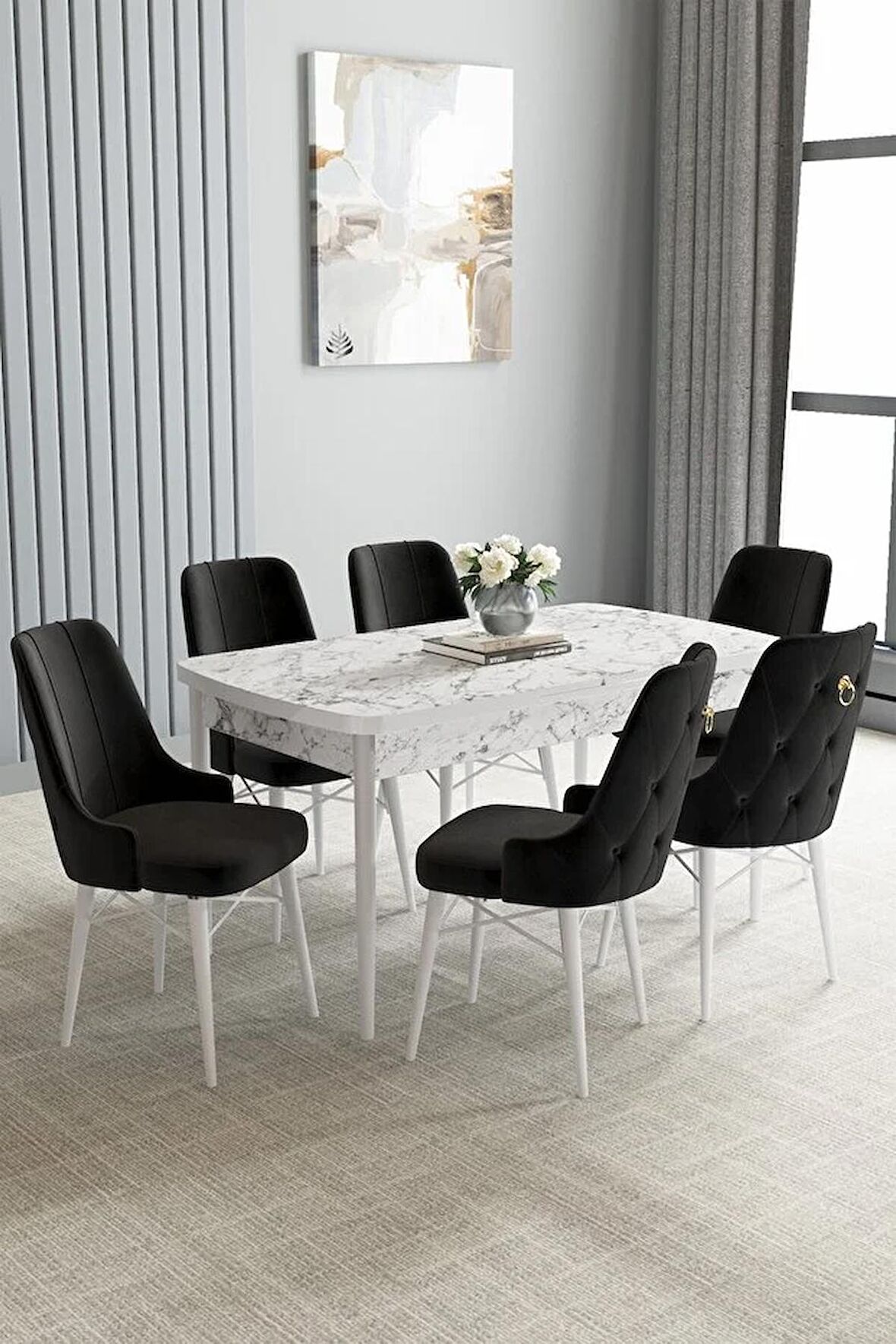 Loft Beyaz Mermer Desen 80x132 Açılabilir Mdf Yemek Odası Takımı 6 Adet Sandalye