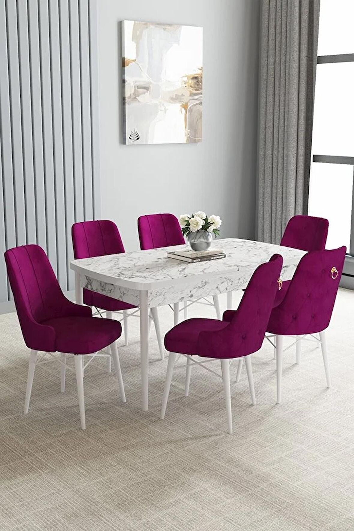 Loft Beyaz Mermer Desen 80x132 Açılabilir Mdf Yemek Odası Takımı 6 Adet Sandalye