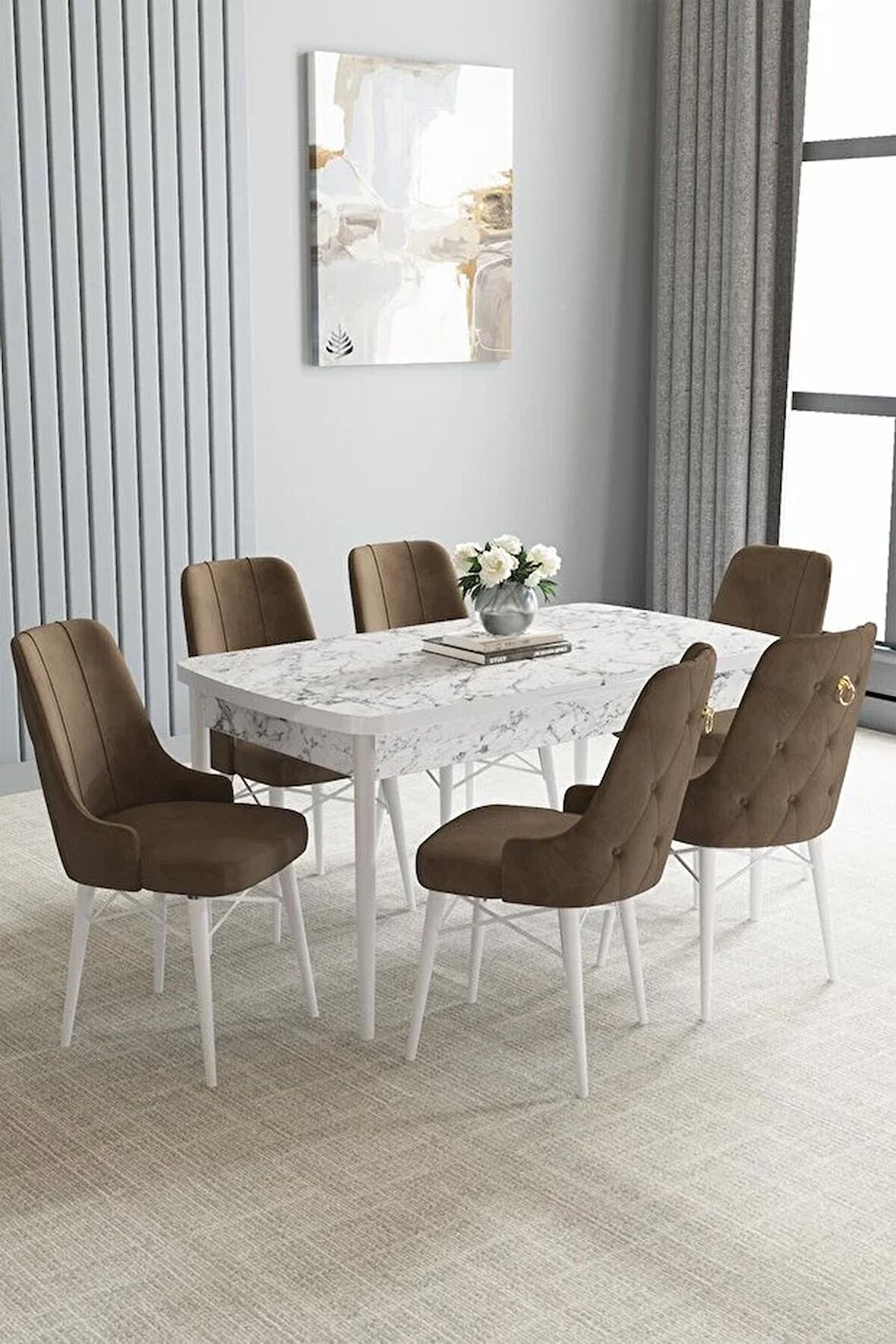Loft Beyaz Mermer Desen 80x132 Açılabilir Mdf Yemek Odası Takımı 6 Adet Sandalye