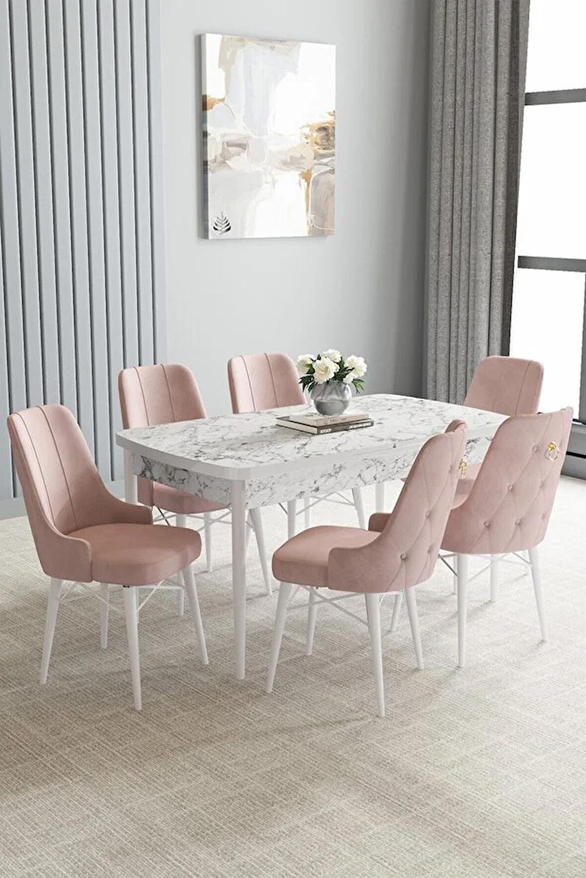 Loft Beyaz Mermer Desen 80x132 Açılabilir Mdf Yemek Odası Takımı 6 Adet Sandalye