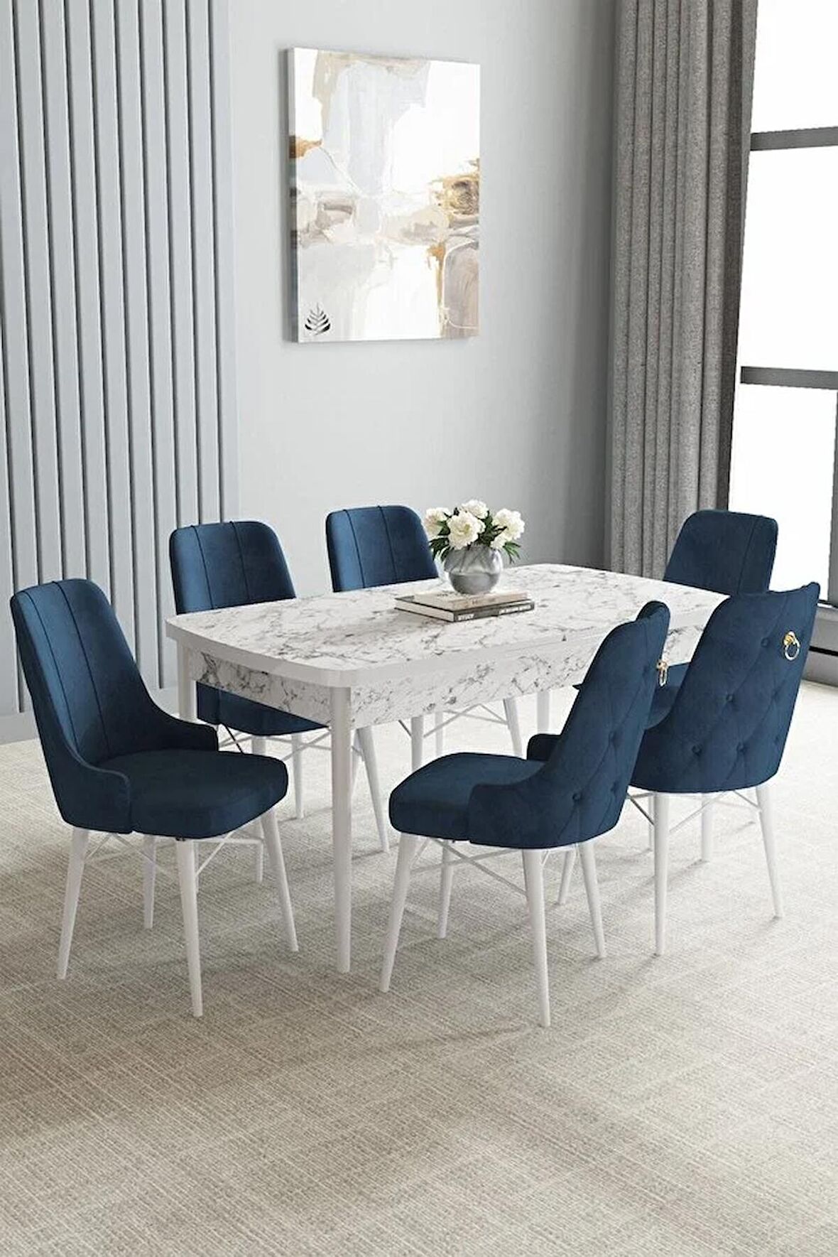 Loft Beyaz Mermer Desen 80x132 Açılabilir Mdf Yemek Odası Takımı 6 Adet Sandalye