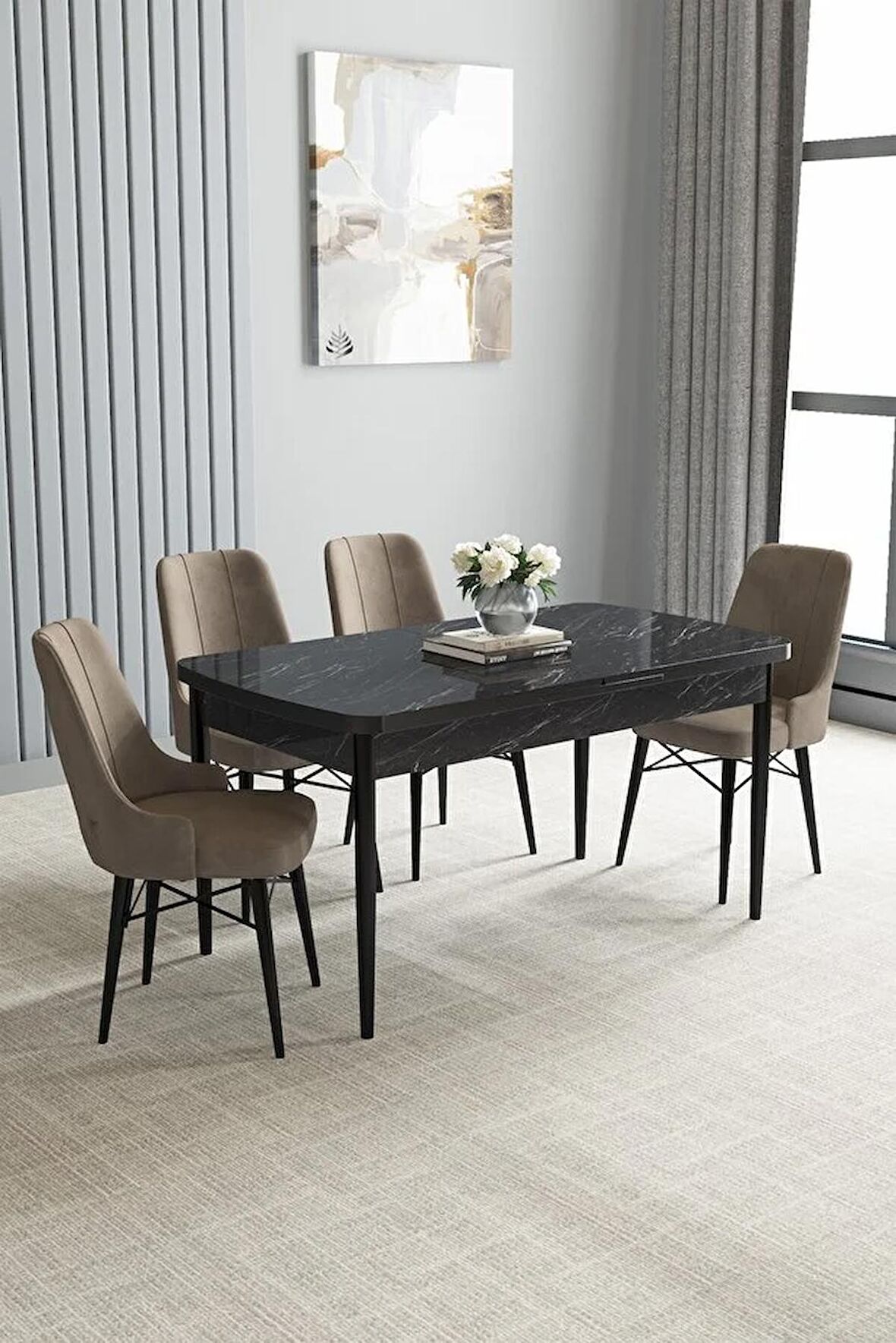 Loft Siyah Mermer Desen 80x132 Açılabilir Mdf Yemek Odası Takımı 4 Adet Sandalye