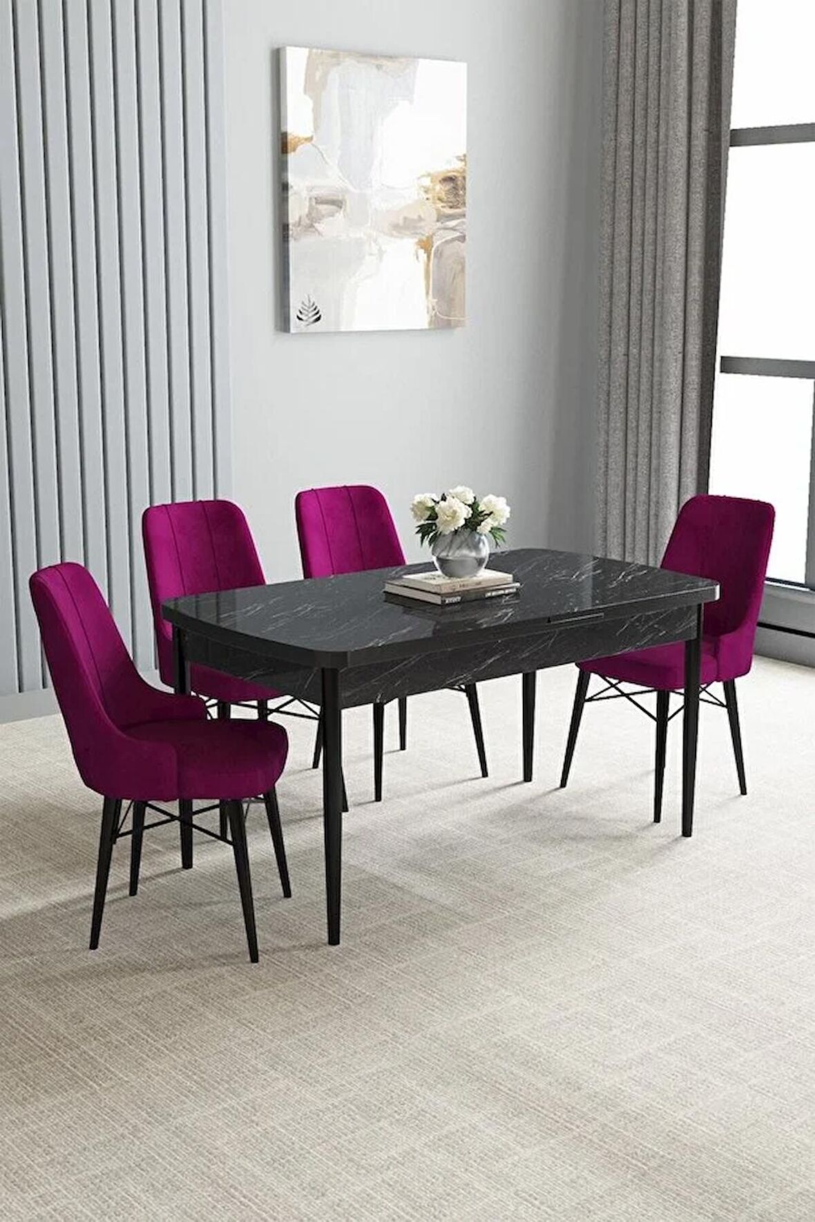 Loft Siyah Mermer Desen 80x132 Açılabilir Mdf Yemek Odası Takımı 4 Adet Sandalye
