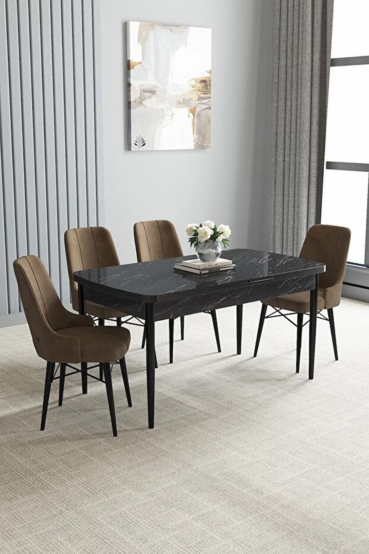 Loft Siyah Mermer Desen 80x132 Açılabilir Mdf Yemek Odası Takımı 4 Adet Sandalye