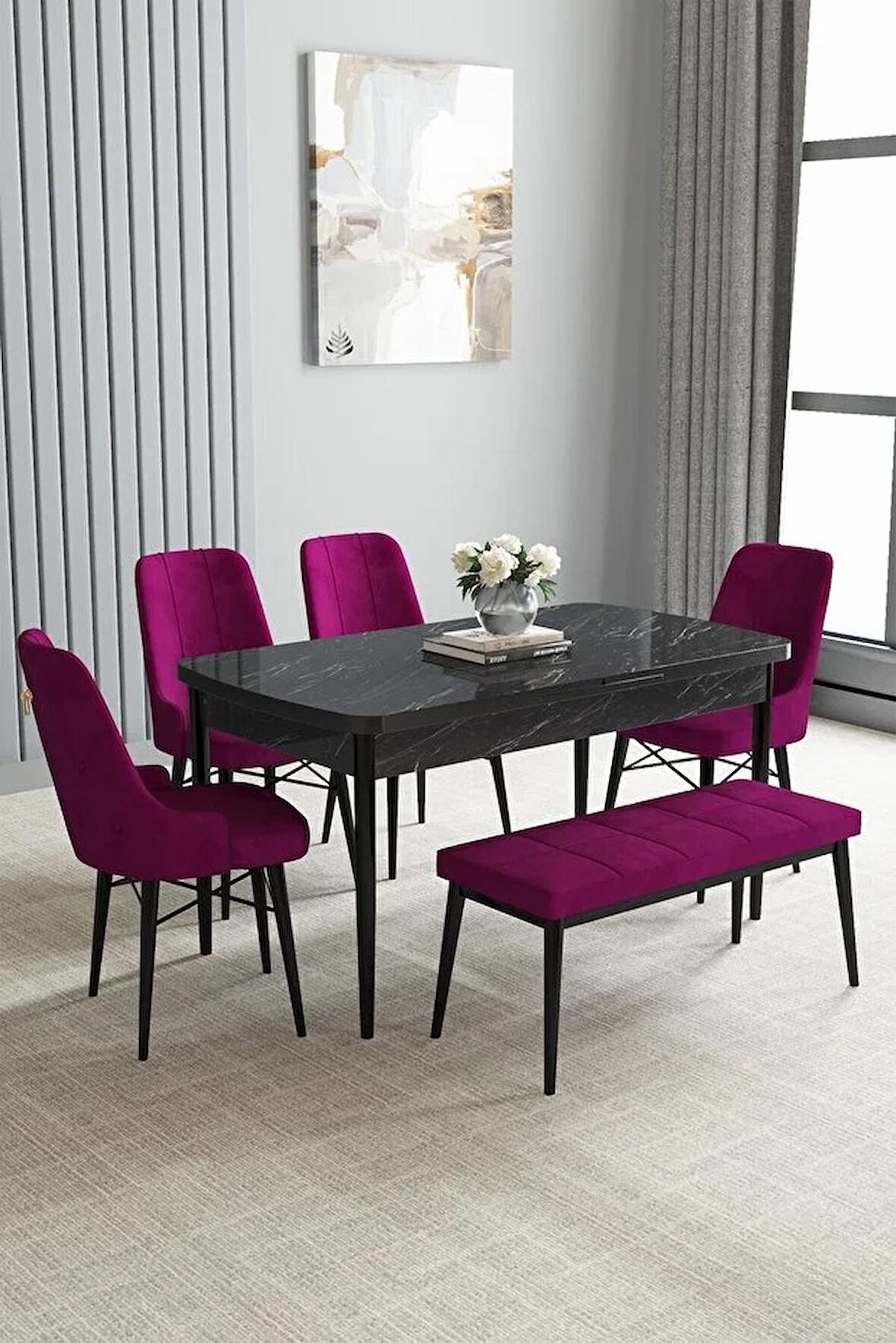 Loft Siyah Mermer Desen 80x132 Açılabilir Mdf Yemek Odası Takımı 4 Sandalye, 1 Bench