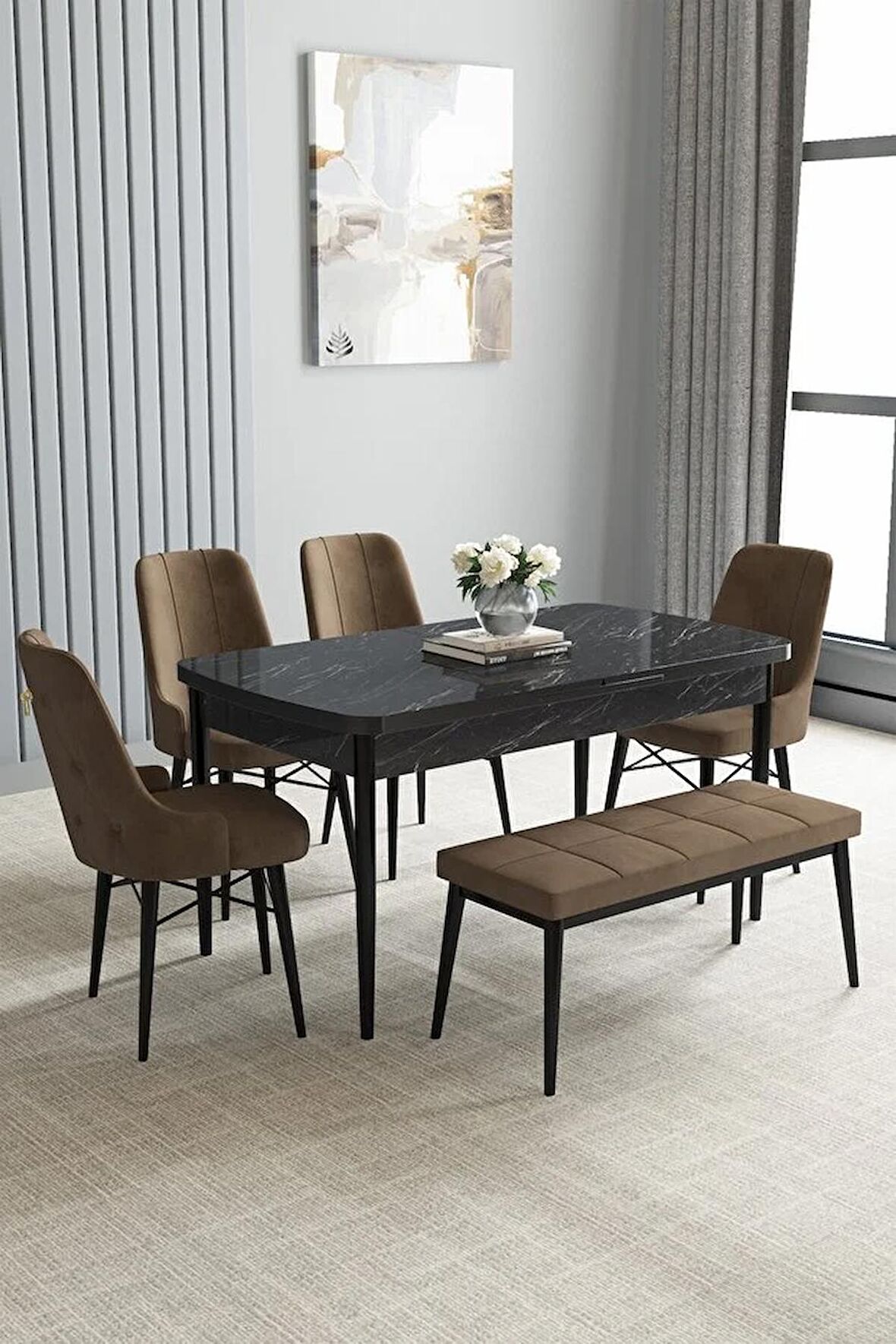 Loft Siyah Mermer Desen 80x132 Açılabilir Mdf Yemek Odası Takımı 4 Sandalye, 1 Bench
