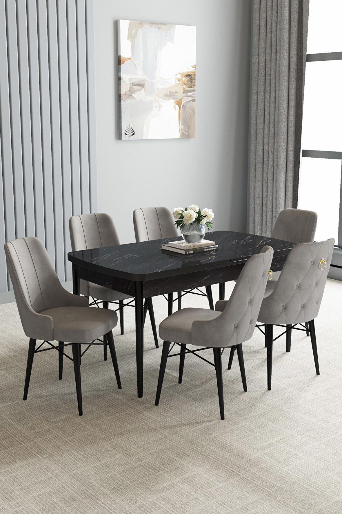 Loft Siyah Mermer Desen 80x132 Açılabilir Mdf Yemek Odası Takımı 6 Adet Sandalye