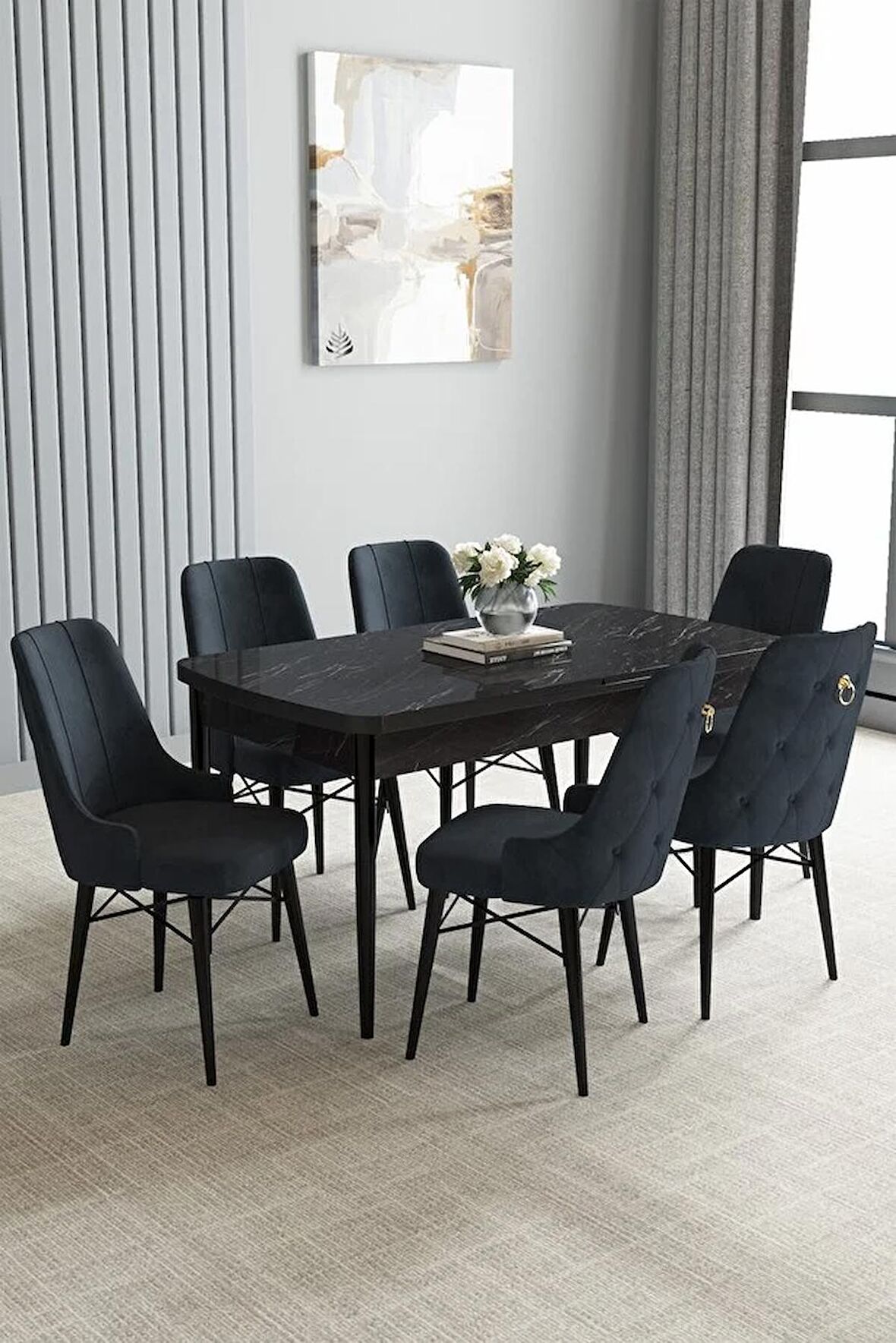 Loft Siyah Mermer Desen 80x132 Açılabilir Mdf Yemek Odası Takımı 6 Adet Sandalye