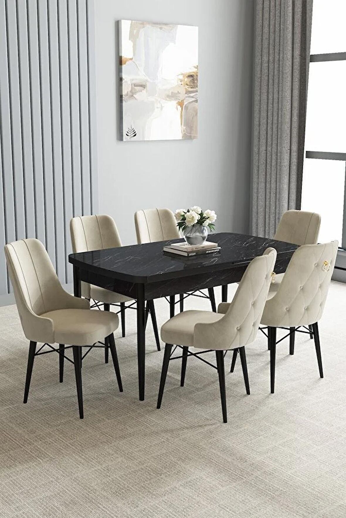 Loft Siyah Mermer Desen 80x132 Açılabilir Mdf Yemek Odası Takımı 6 Adet Sandalye