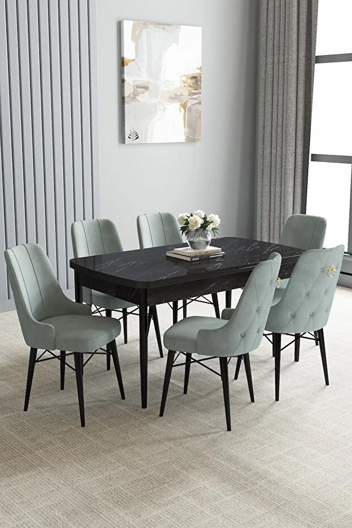 Loft Siyah Mermer Desen 80x132 Açılabilir Mdf Yemek Odası Takımı 6 Adet Sandalye