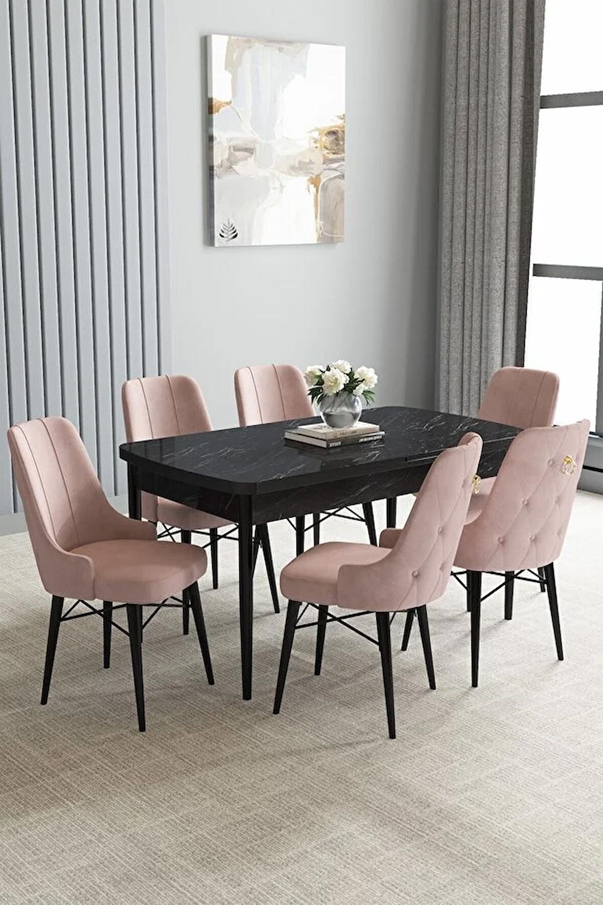 Loft Siyah Mermer Desen 80x132 Açılabilir Mdf Yemek Odası Takımı 6 Adet Sandalye