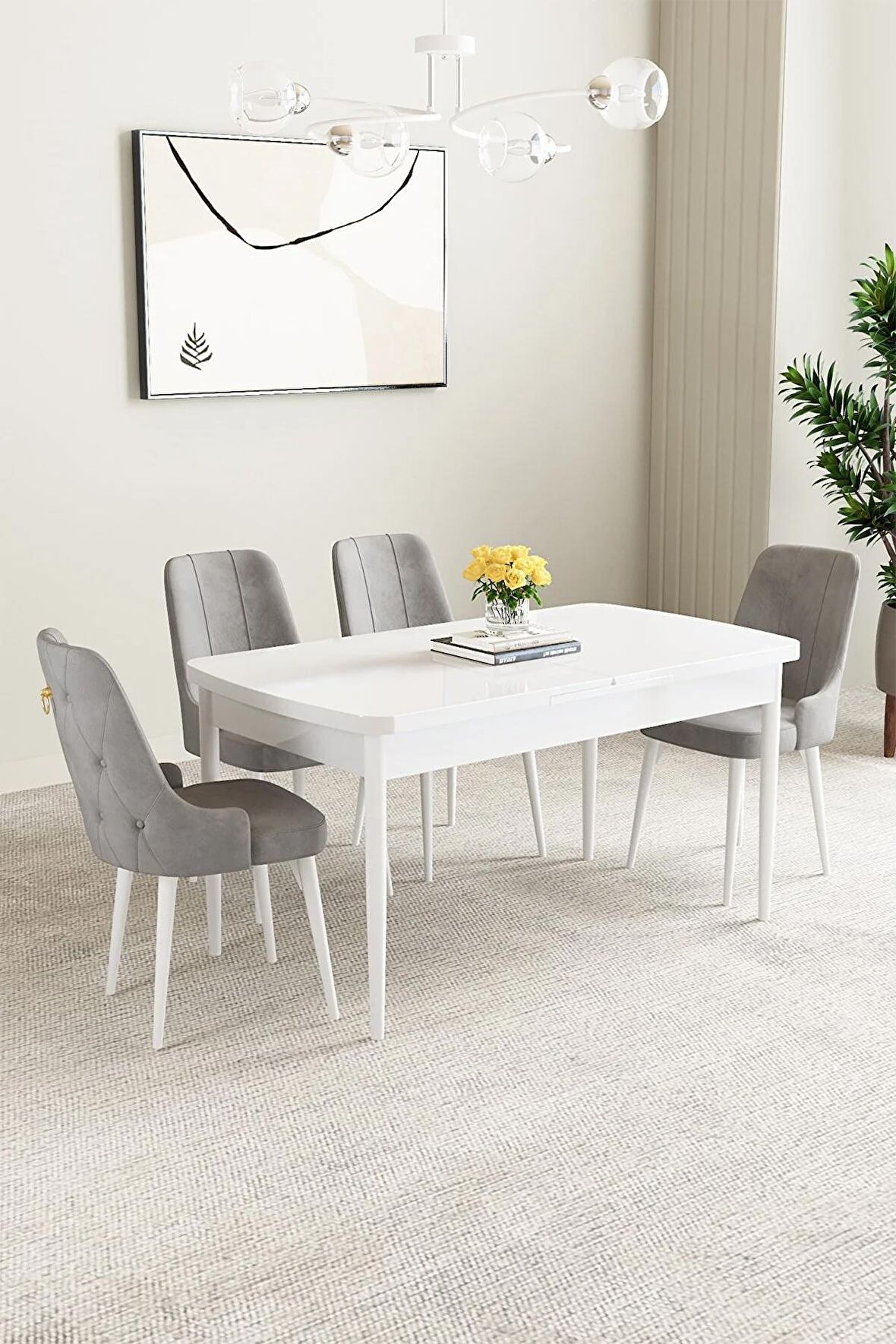 Mabel Beyaz 80x132 Açılabilir Mdf Yemek Odası Takımı 4 Adet Sandalye