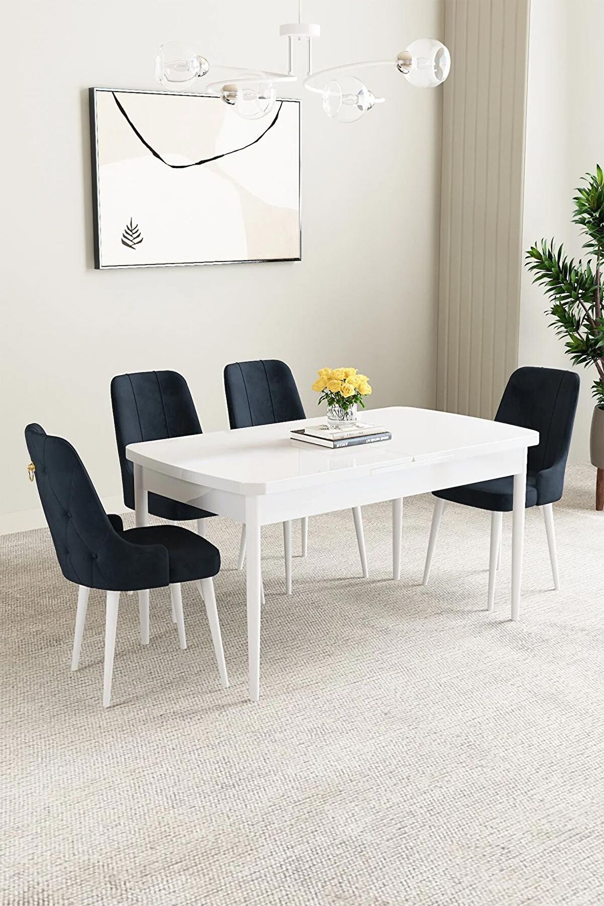 Mabel Beyaz 80x132 Açılabilir Mdf Yemek Odası Takımı 4 Adet Sandalye