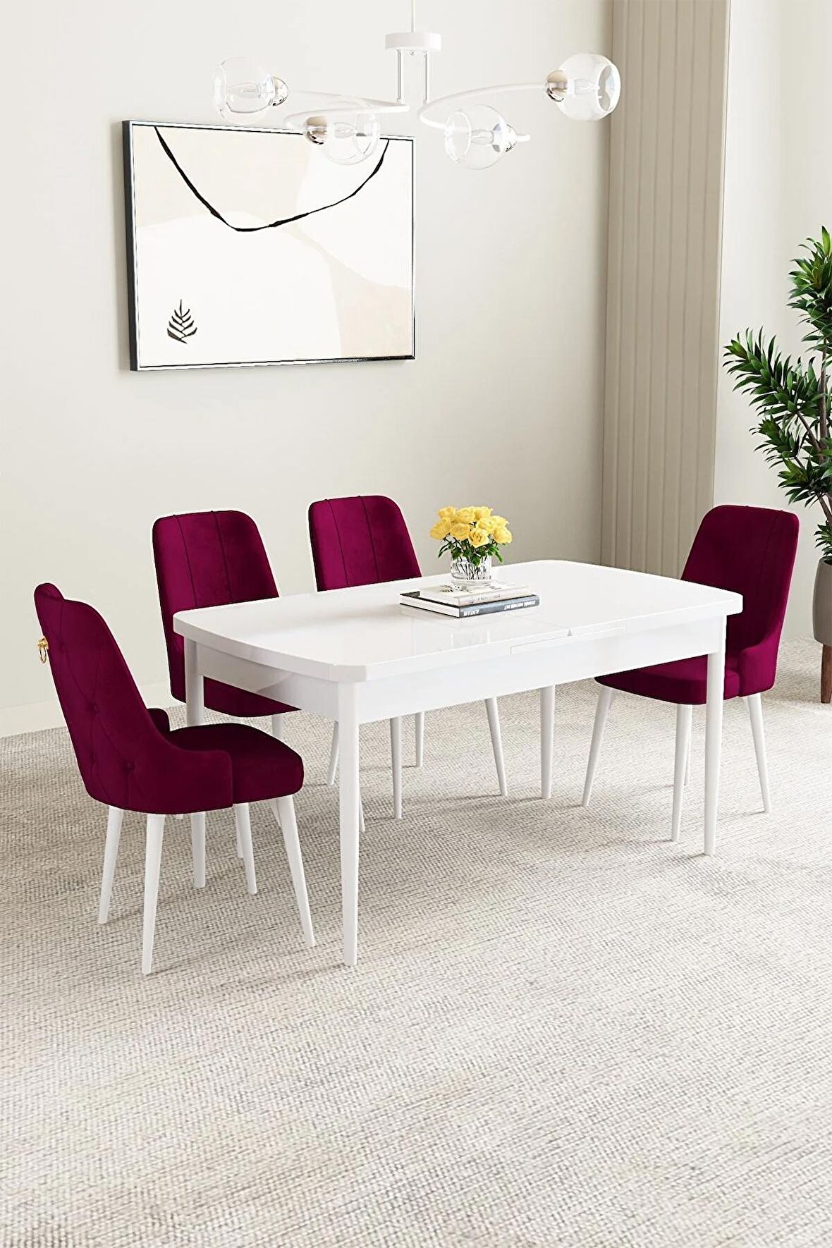 Mabel Beyaz 80x132 Açılabilir Mdf Yemek Odası Takımı 4 Adet Sandalye