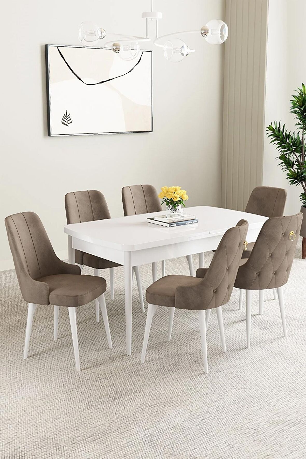 Mabel Beyaz 80x132 Açılabilir Mdf Yemek Odası Takımı 6 Adet Sandalye