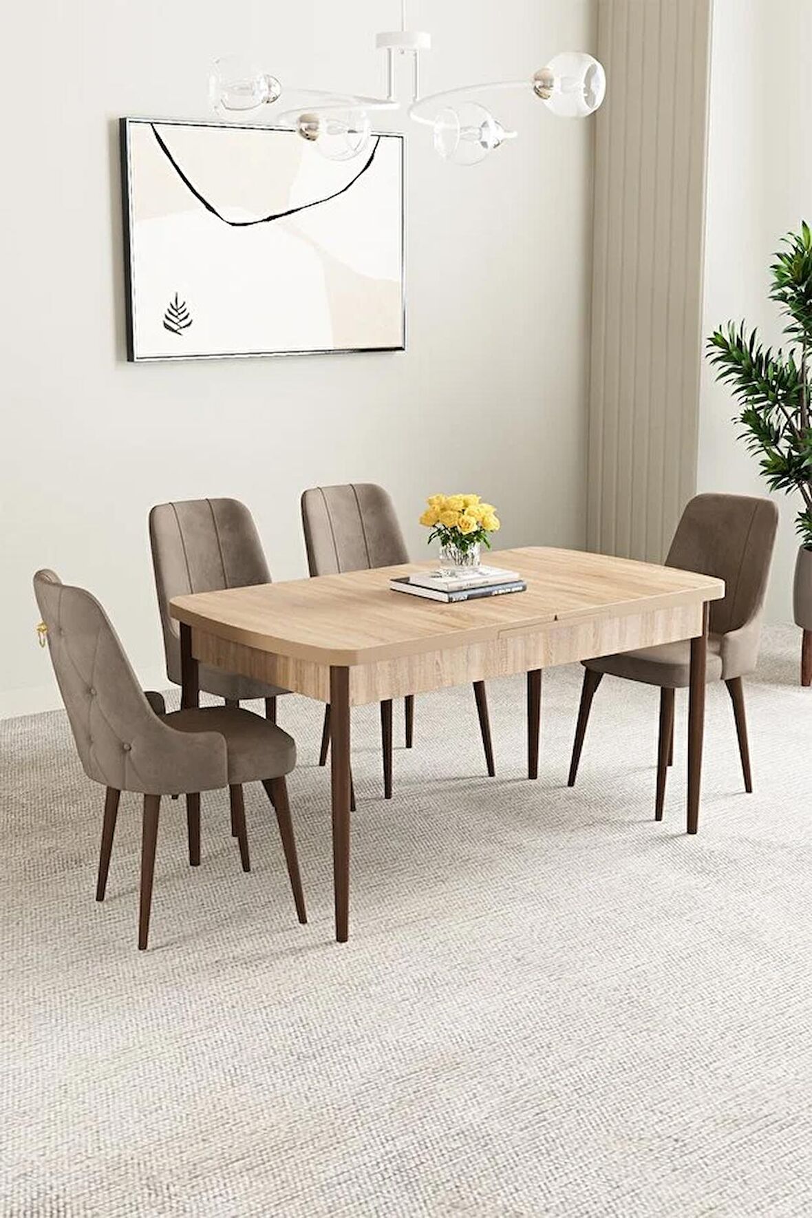 Mabel Meşe Desen 80x132 Açılabilir Mdf Yemek Odası Takımı 4 Adet Sandalye