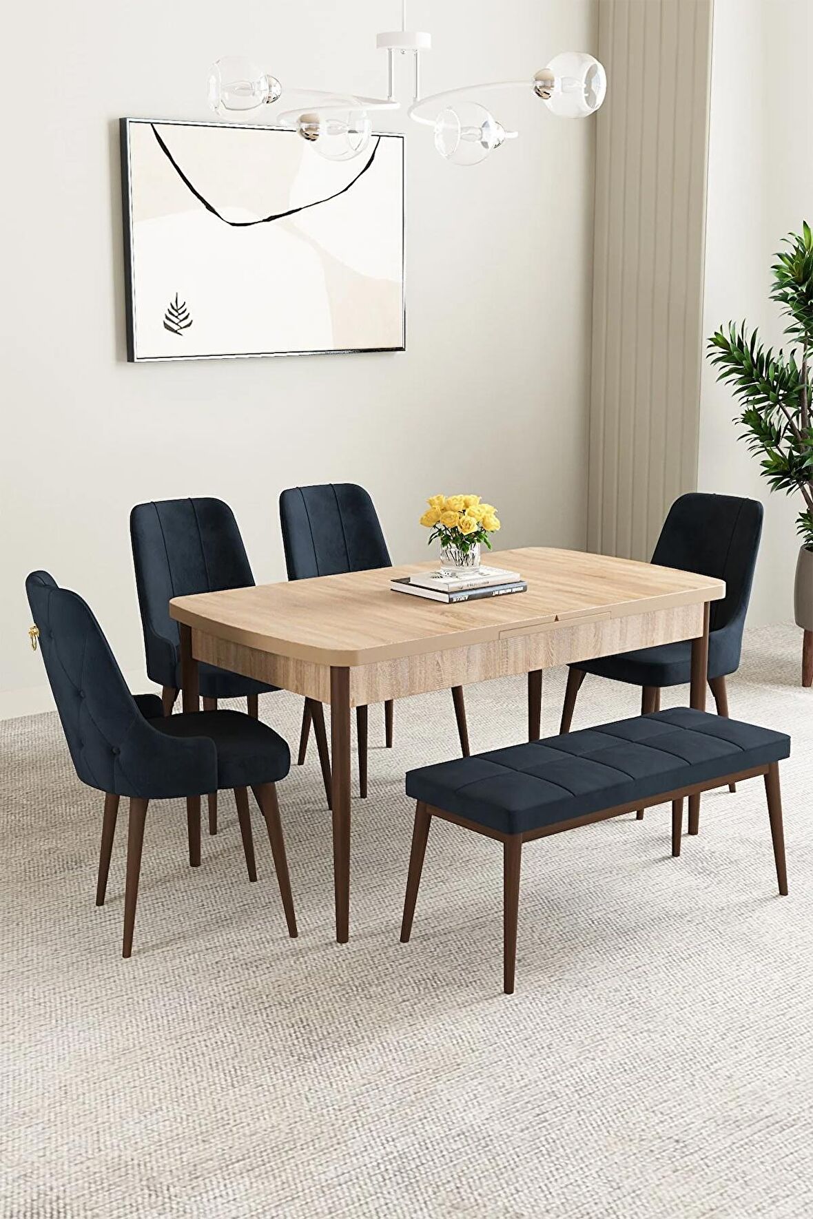 Mabel Meşe Desen 80x132 Açılabilir Mdf Yemek Odası Takımı 4 Sandalye, 1 Bench