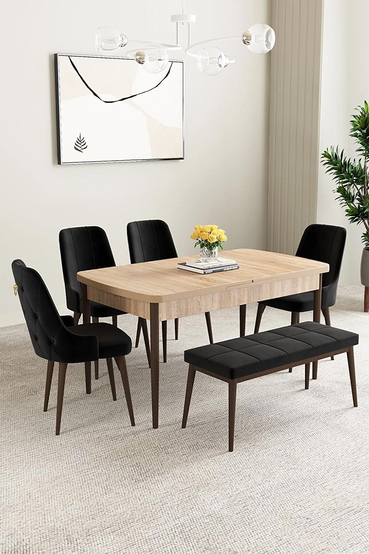 Mabel Meşe Desen 80x132 Açılabilir Mdf Yemek Odası Takımı 4 Sandalye, 1 Bench