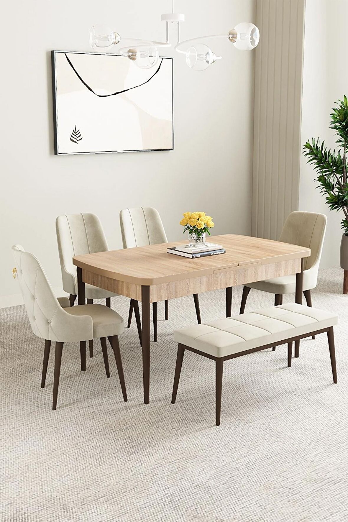 Mabel Meşe Desen 80x132 Açılabilir Mdf Yemek Odası Takımı 4 Sandalye, 1 Bench