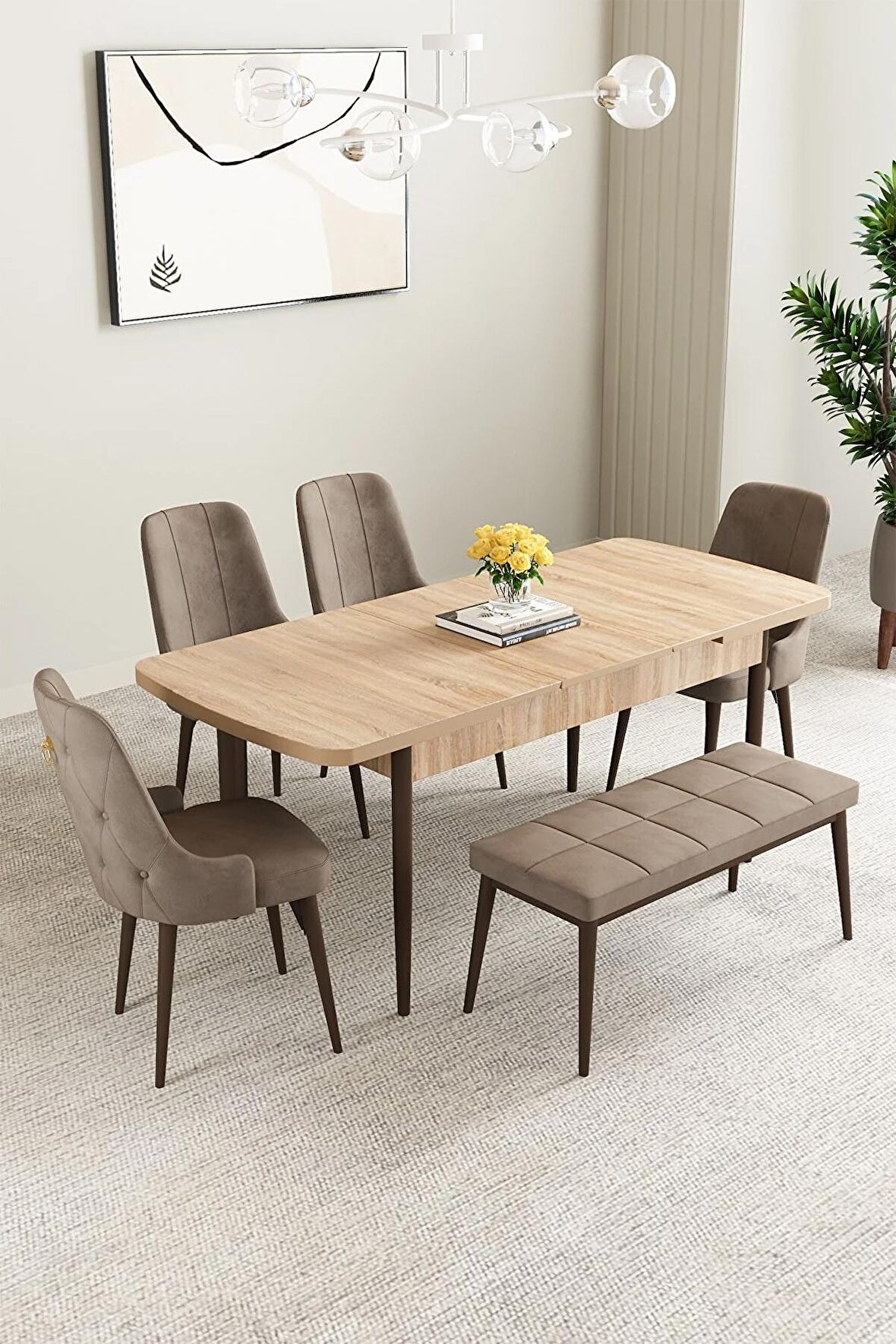 Mabel Meşe Desen 80x132 Açılabilir Mdf Yemek Odası Takımı 4 Sandalye, 1 Bench