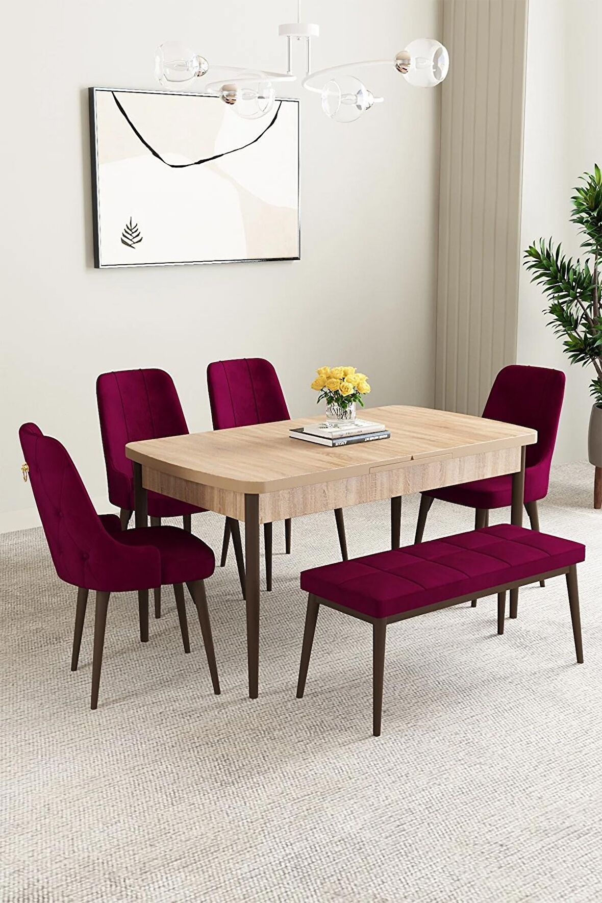 Mabel Meşe Desen 80x132 Açılabilir Mdf Yemek Odası Takımı 4 Sandalye, 1 Bench