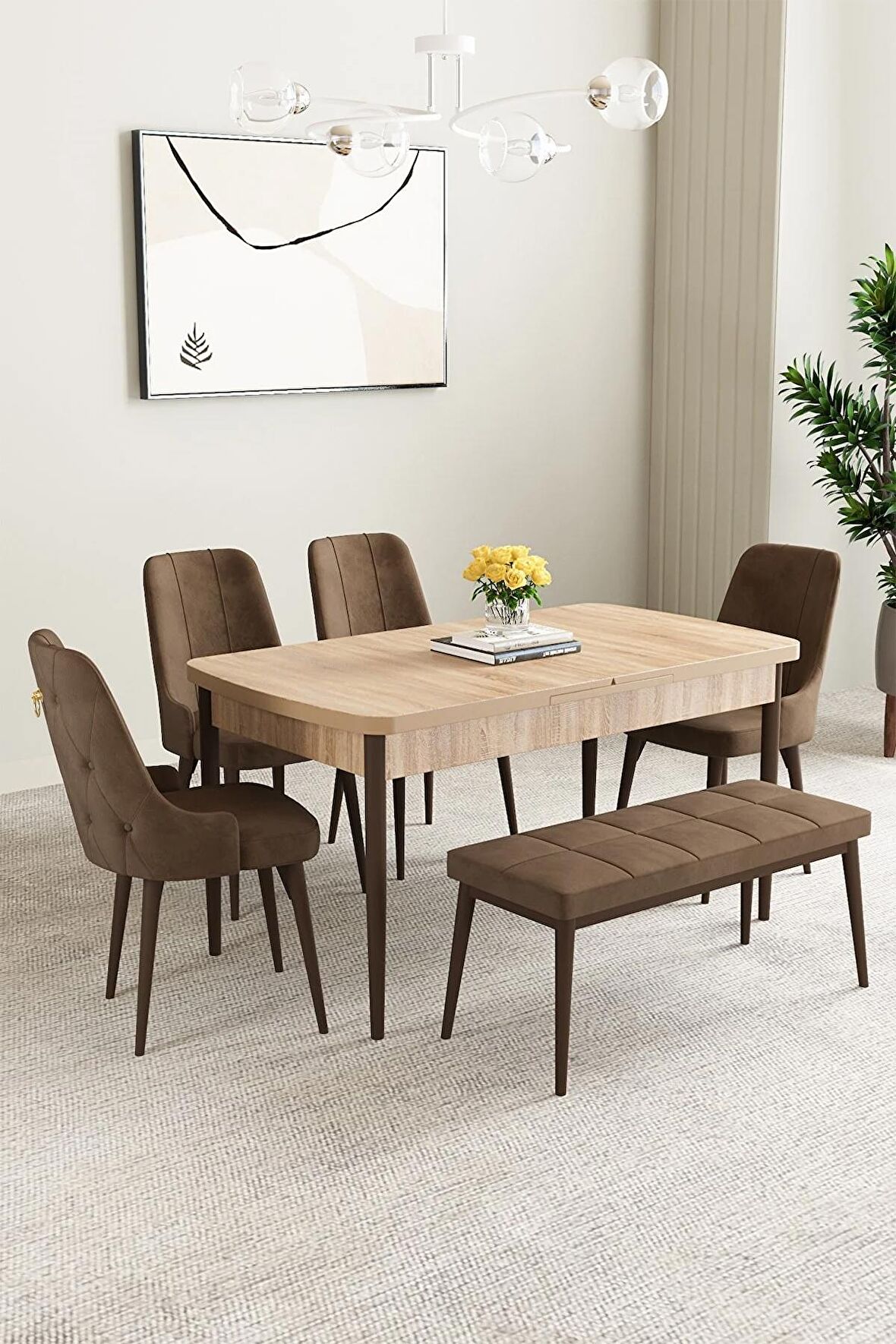 Mabel Meşe Desen 80x132 Açılabilir Mdf Yemek Odası Takımı 4 Sandalye, 1 Bench