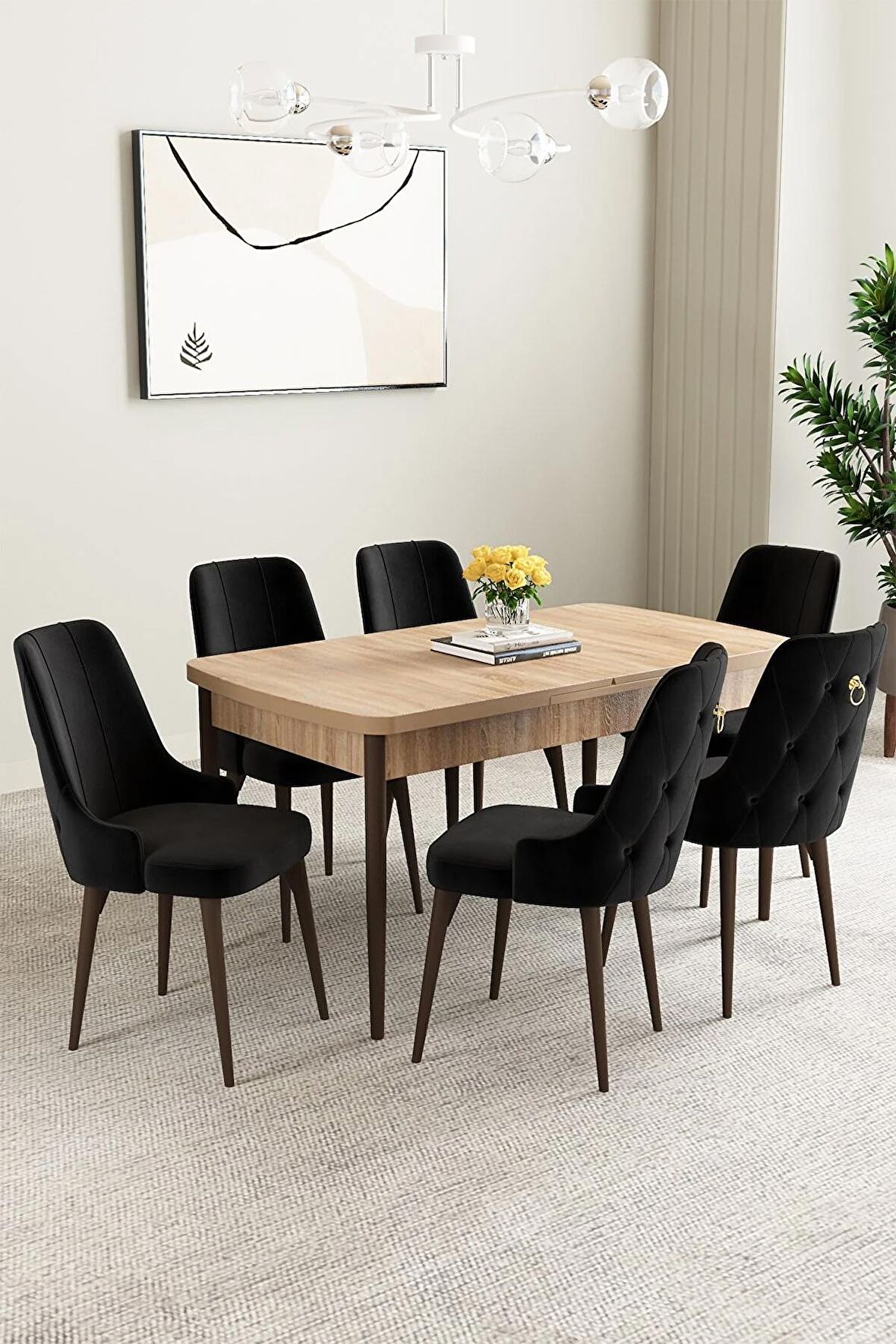Mabel Meşe Desen 80x132 Açılabilir Mdf Yemek Odası Takımı 6 Adet Sandalye