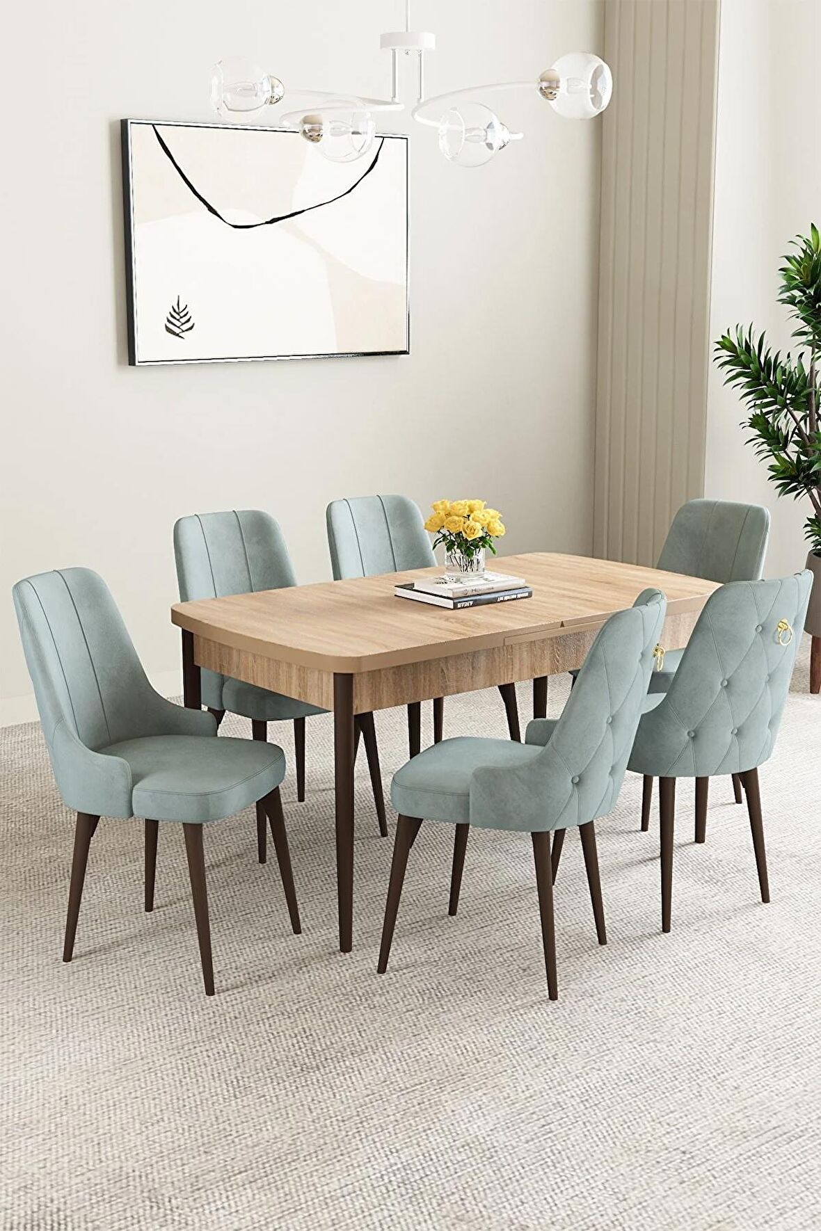 Mabel Meşe Desen 80x132 Açılabilir Mdf Yemek Odası Takımı 6 Adet Sandalye
