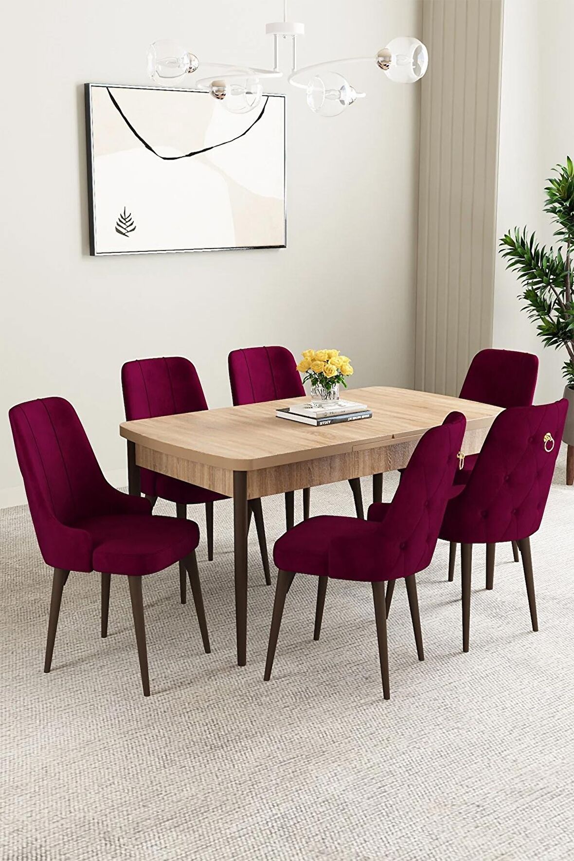 Mabel Meşe Desen 80x132 Açılabilir Mdf Yemek Odası Takımı 6 Adet Sandalye