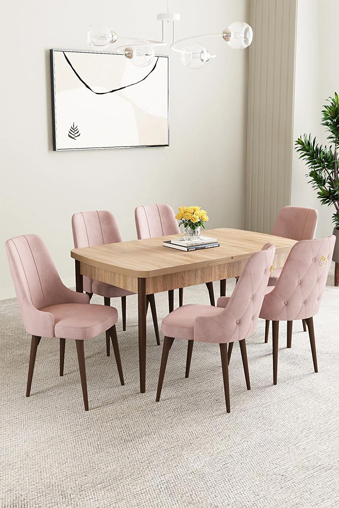Mabel Meşe Desen 80x132 Açılabilir Mdf Yemek Odası Takımı 6 Adet Sandalye