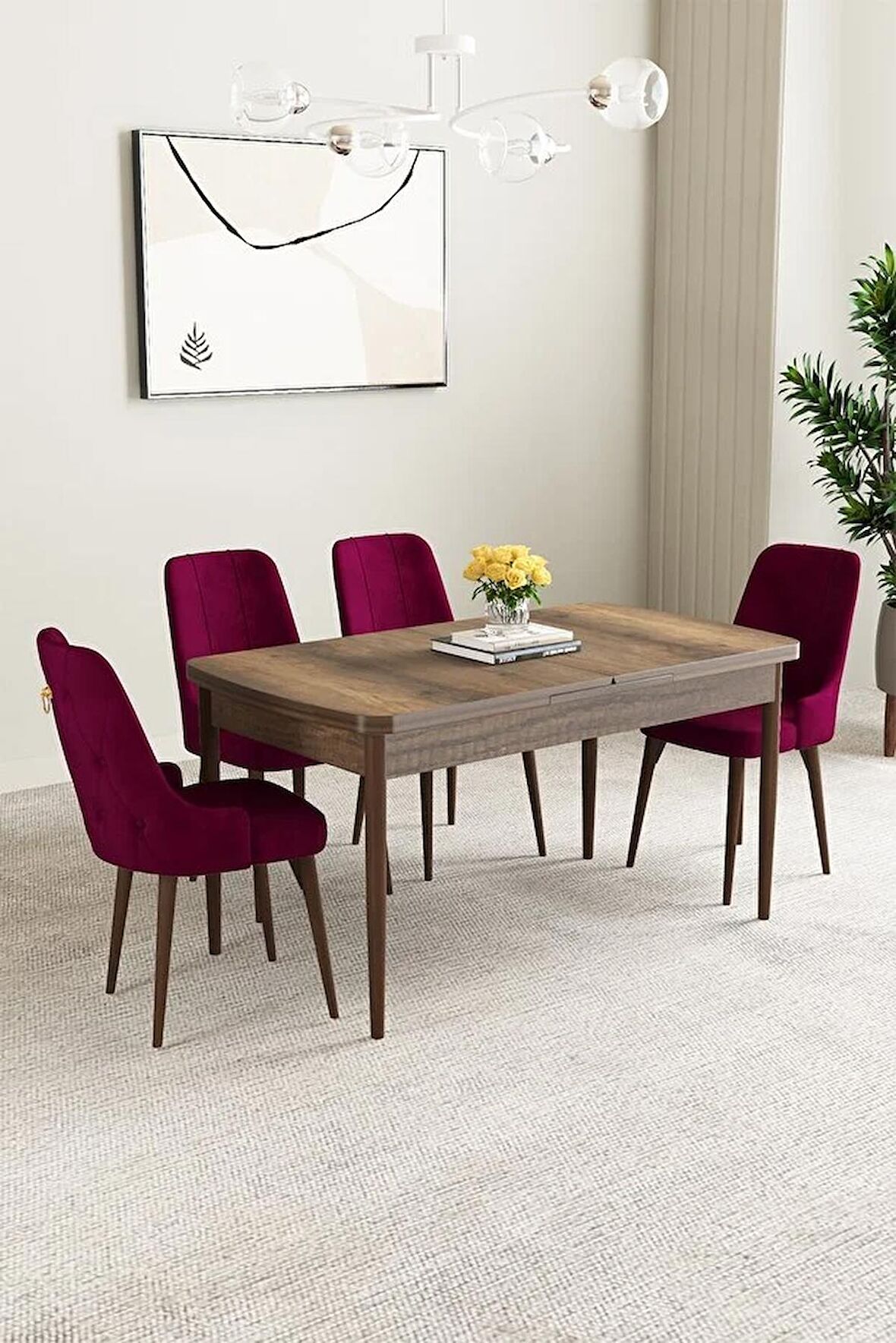 Mabel Barok Desen 80x132 Açılabilir Mdf Yemek Odası Takımı 4 Adet Sandalye