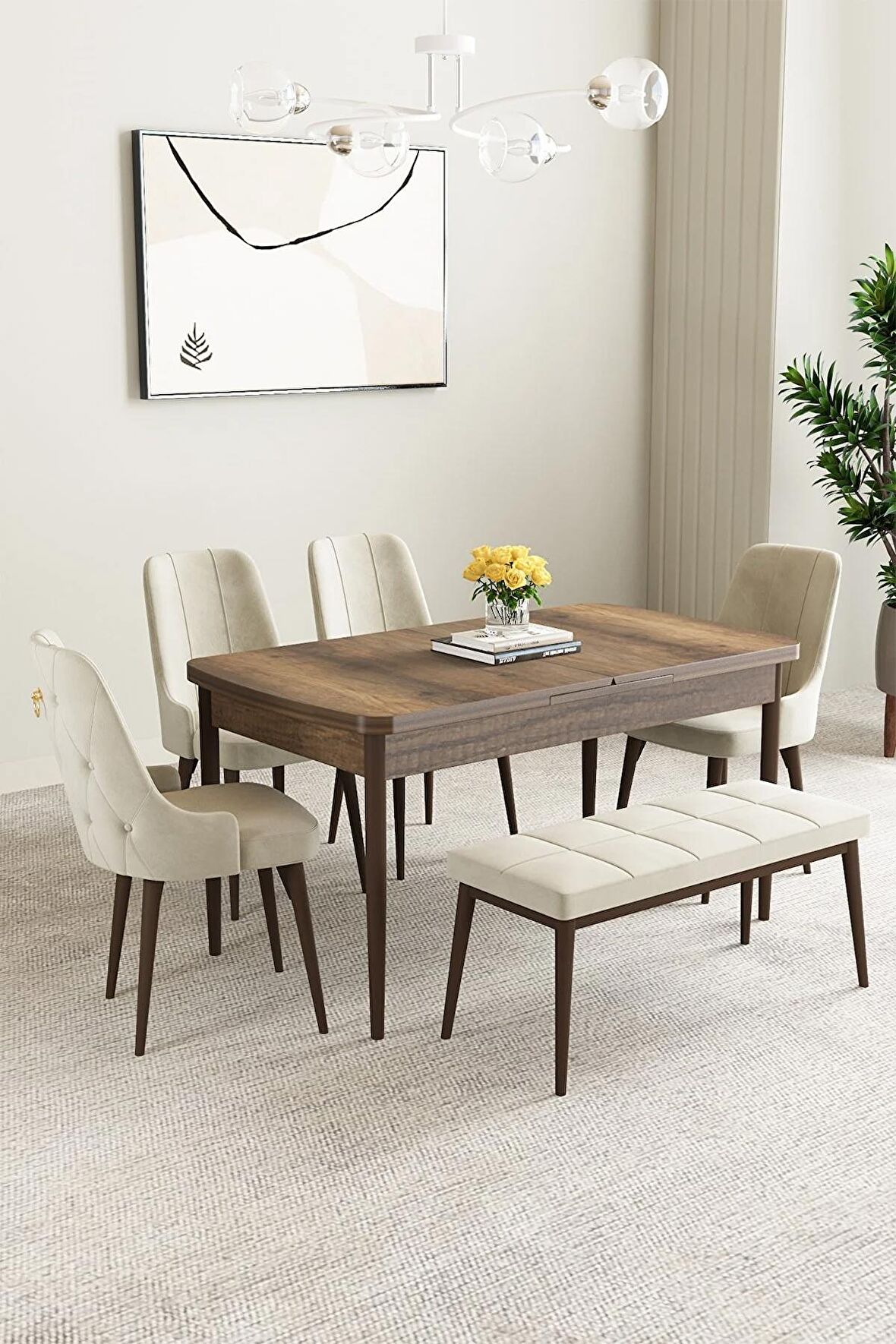 Mabel Barok Desen 80x132 Açılabilir Mdf Yemek Odası Takımı 4 Sandalye, 1 Bench
