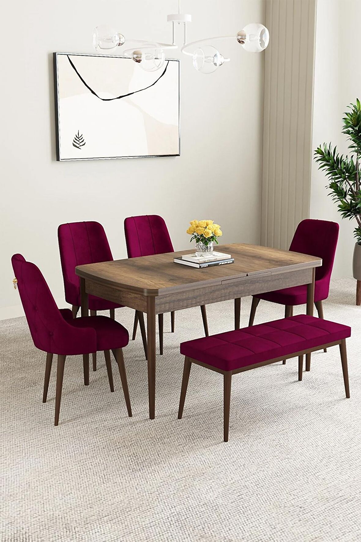 Mabel Barok Desen 80x132 Açılabilir Mdf Yemek Odası Takımı 4 Sandalye, 1 Bench