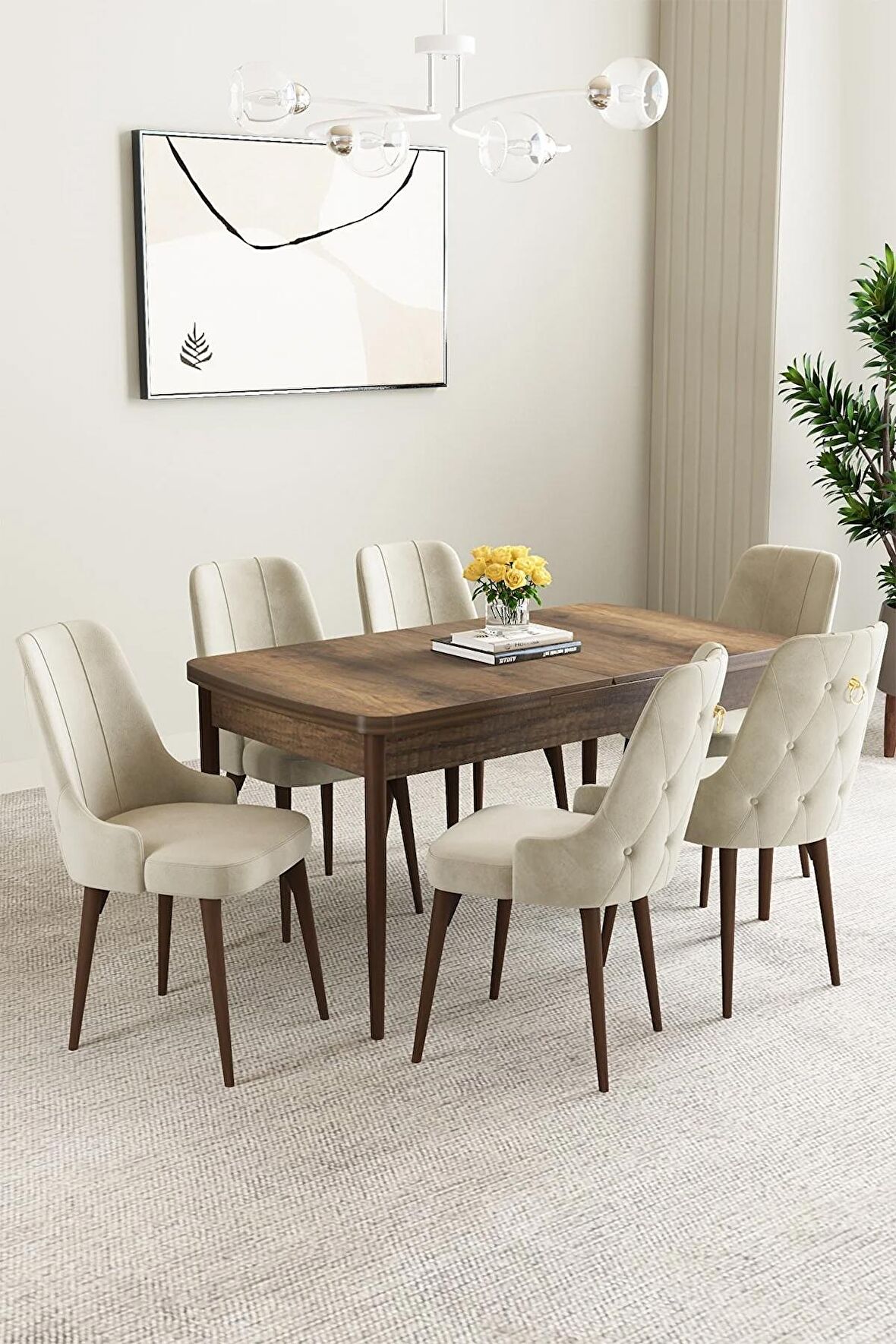 Mabel Barok Desen 80x132 Açılabilir Mdf Yemek Odası Takımı 6 Adet Sandalye