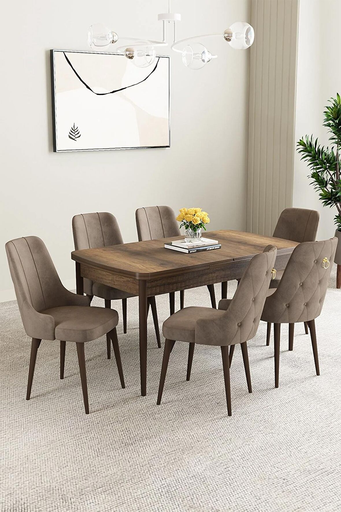 Mabel Barok Desen 80x132 Açılabilir Mdf Yemek Odası Takımı 6 Adet Sandalye