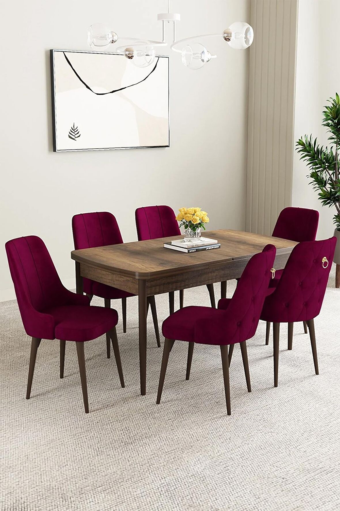 Mabel Barok Desen 80x132 Açılabilir Mdf Yemek Odası Takımı 6 Adet Sandalye