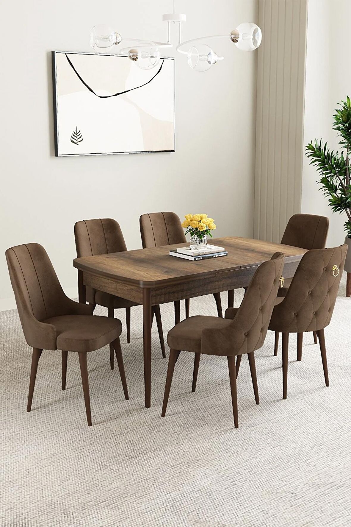 Mabel Barok Desen 80x132 Açılabilir Mdf Yemek Odası Takımı 6 Adet Sandalye