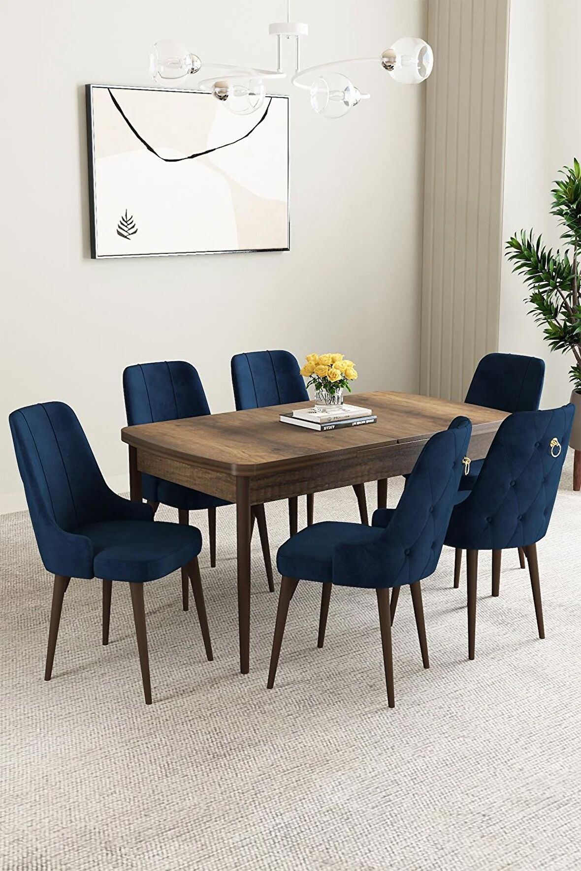 Mabel Barok Desen 80x132 Açılabilir Mdf Yemek Odası Takımı 6 Adet Sandalye