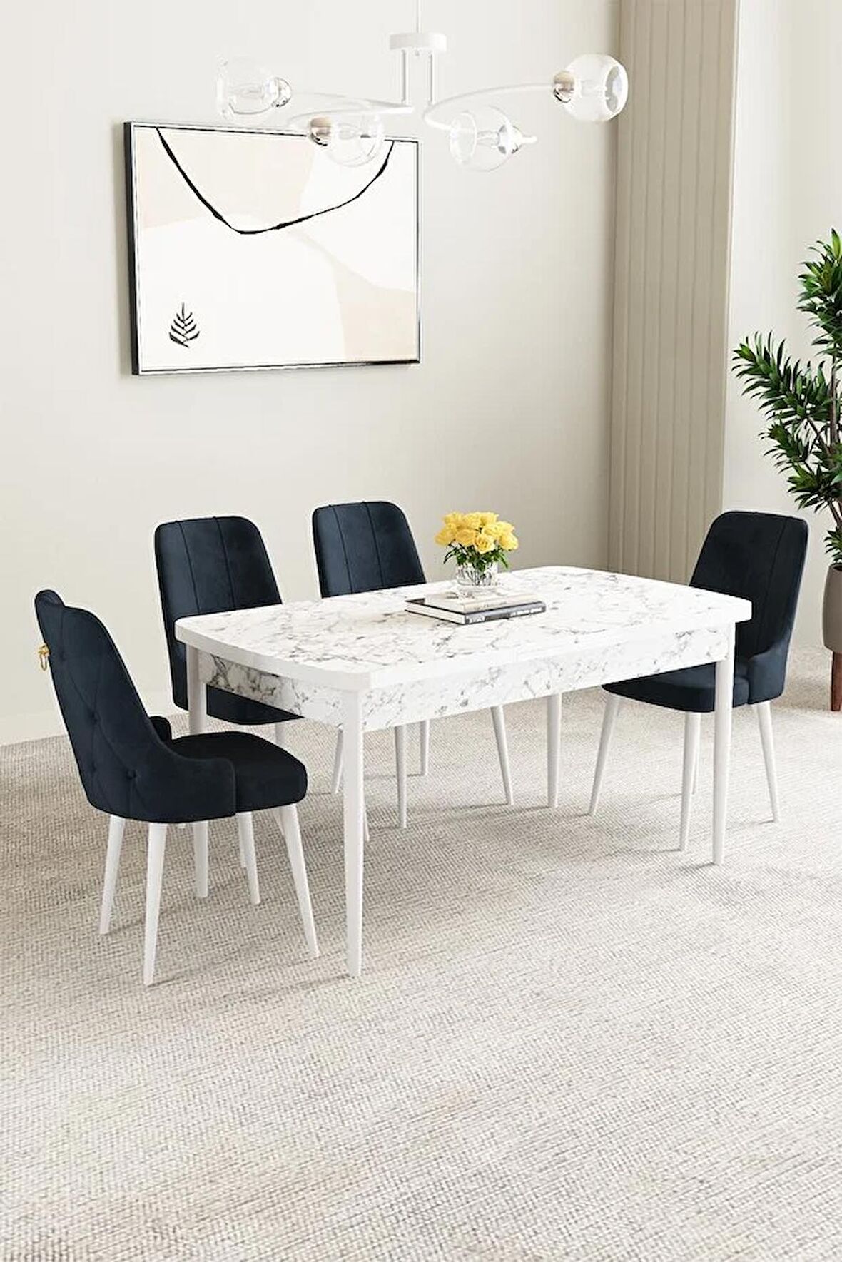 Mabel Beyaz Mermer Desen 80x132 Açılabilir Mdf Yemek Odası Takımı 4 Adet Sandalye