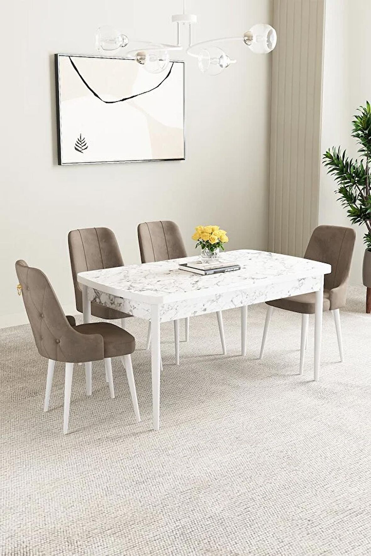 Mabel Beyaz Mermer Desen 80x132 Açılabilir Mdf Yemek Odası Takımı 4 Adet Sandalye