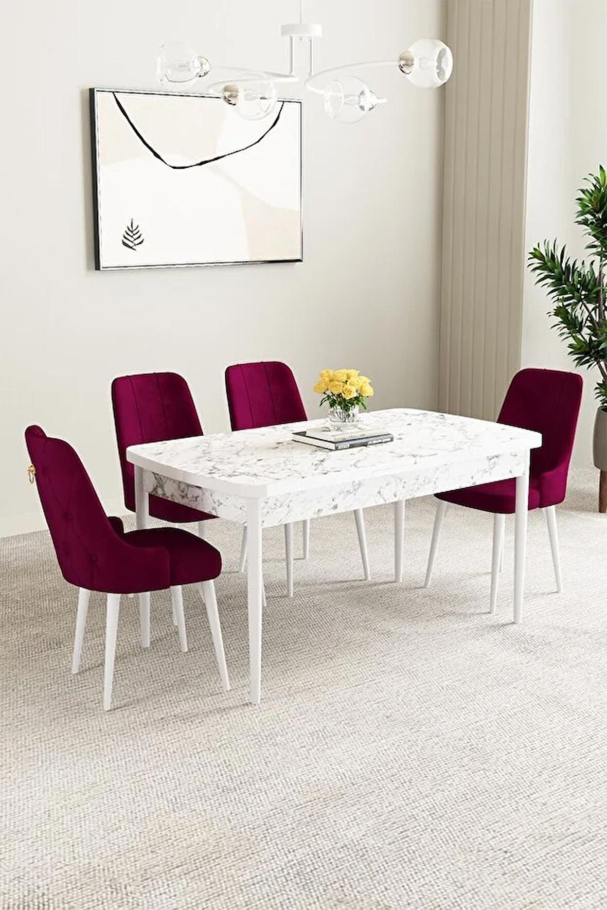 Mabel Beyaz Mermer Desen 80x132 Açılabilir Mdf Yemek Odası Takımı 4 Adet Sandalye